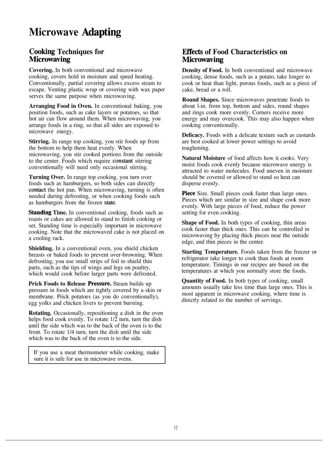 GE JVM132H, 49-8028 Microwave A&pting, CootiW Techniques for Microwavi~, Effeck of Food Characteristics on Microwavi~ 