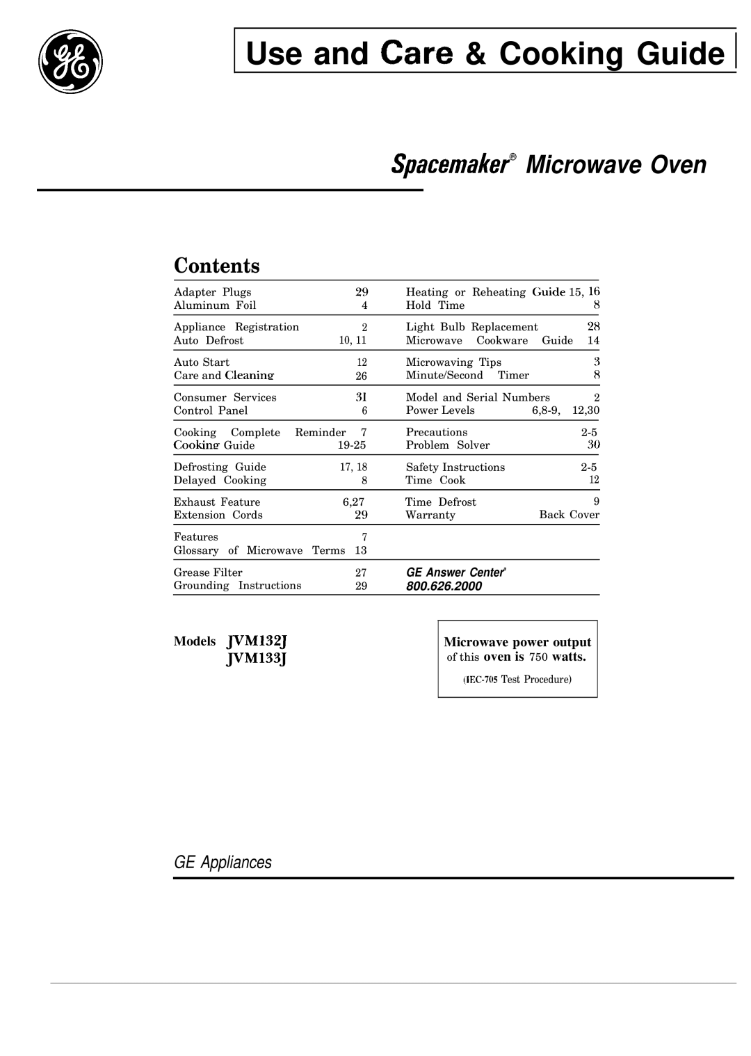 GE 49-8261, JVM132J, JVM133J, 164 D2588P063 warranty Use and Care & Cooking Guide 