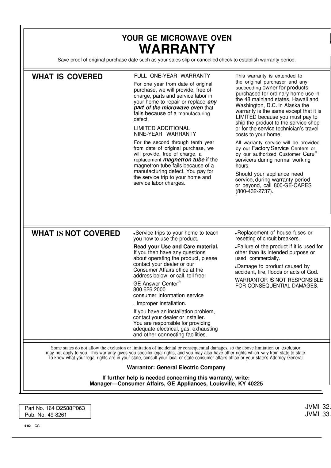 GE JVM132J, 49-8261, JVM133J, 164 D2588P063 warranty Warranty 