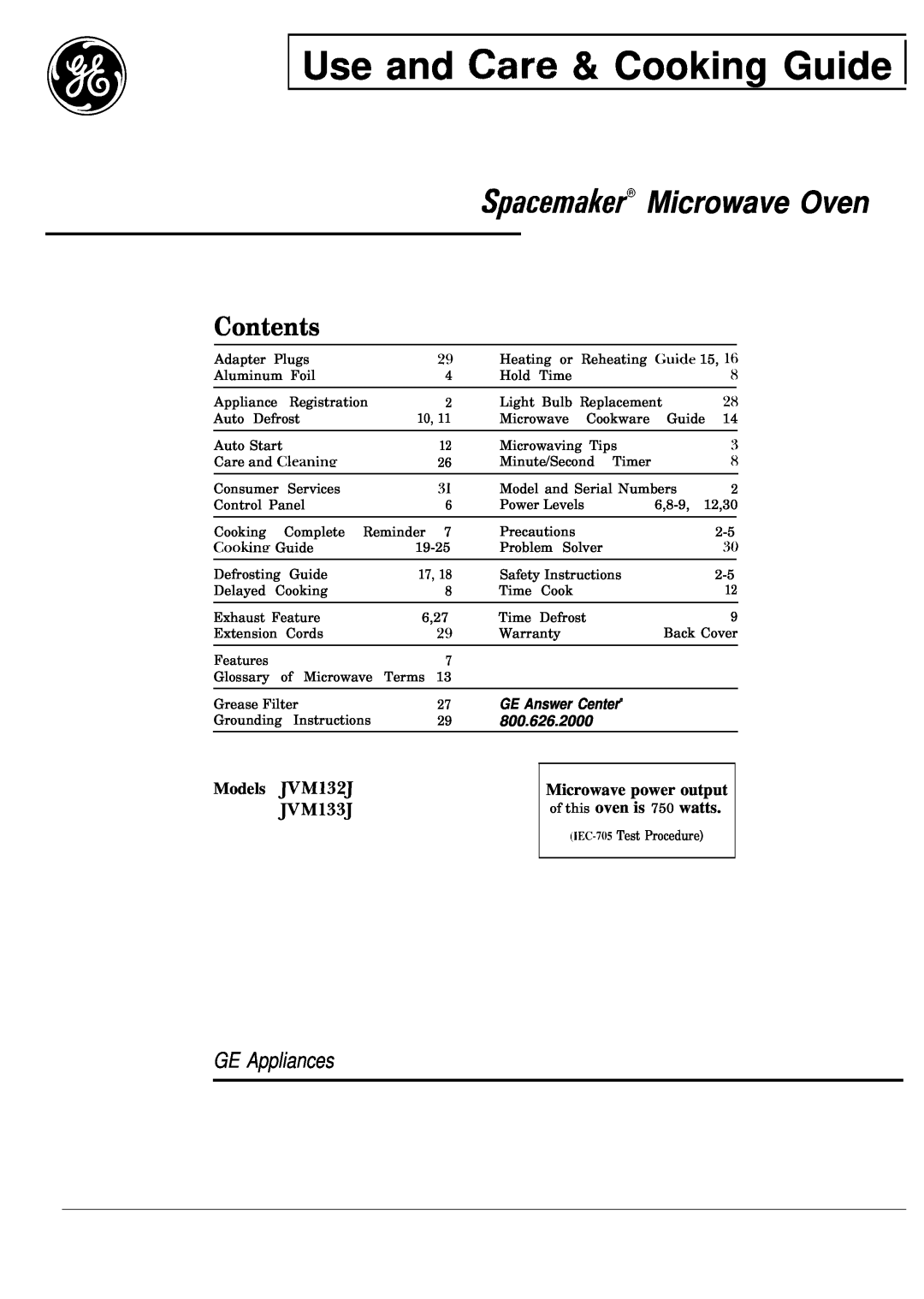 GE 49-8261 warranty GE Appliances, Use and Care & Cooking Guide, Spacemaker@ Microwave Oven, Contents, GE Answer Center a 