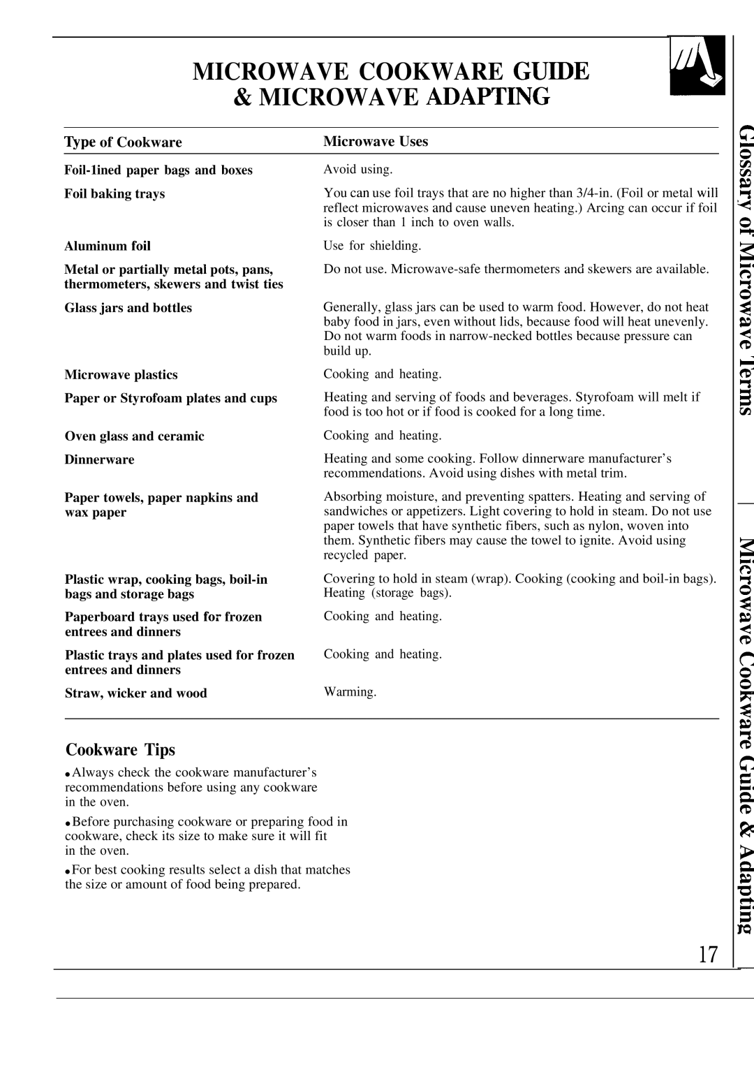 GE 49-8284, JVM132K, JVM133K Microwave Cookware GU~E Microwave ADAPT~G, Cookware Tips, ~pe of Cookware Microwave Uses 