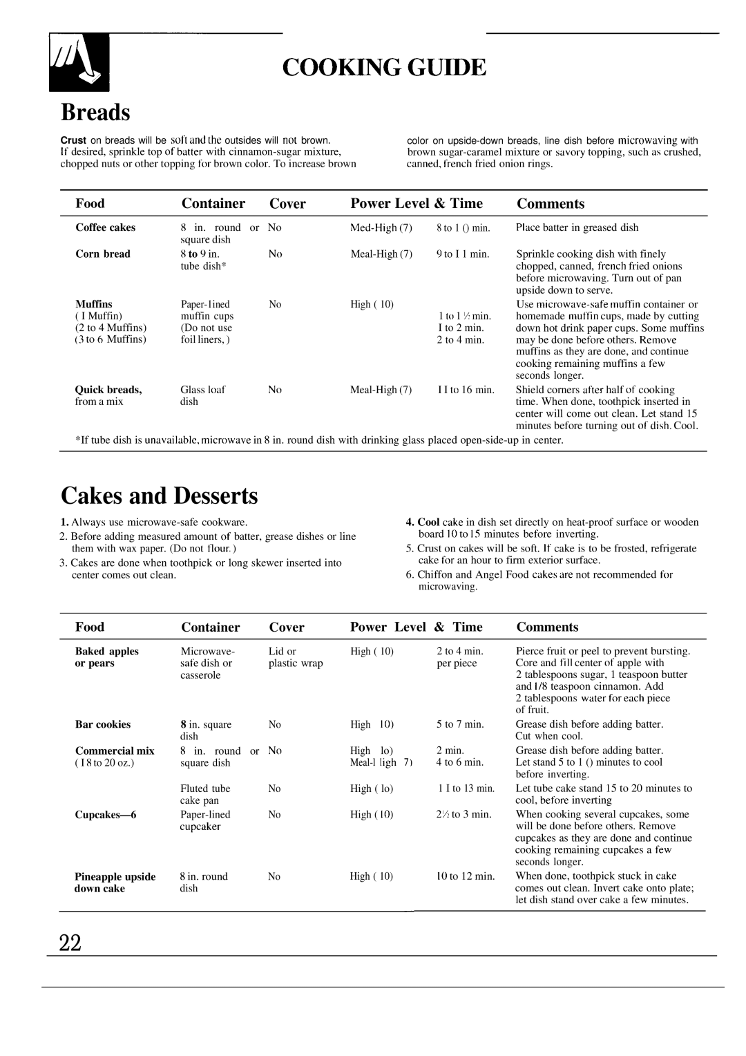 GE JVM133K, JVM132K, 49-8284 COOmG GU~E Breads, Cakes and Desserts, Container Cover Power Level & Time Comments, Food 
