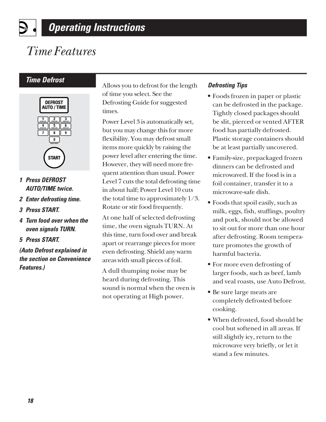 GE JVM1339, JVM1331, JVM1320, JVM1330, JVM1341, JVM1340 Time Defrost, Enter defrosting time Press Start, Defrosting Tips 