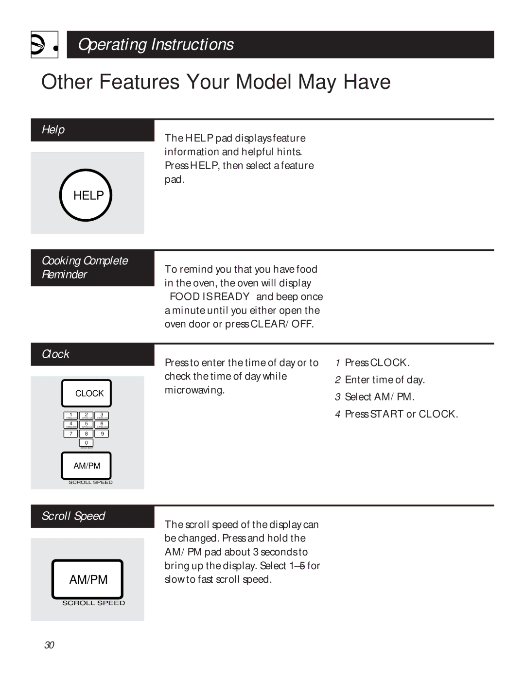 GE JVM1339, JVM1331, JVM1320, JVM1330, JVM1341, JVM1340 warranty Other Features Your Model May Have, Help, Clock, Scroll Speed 