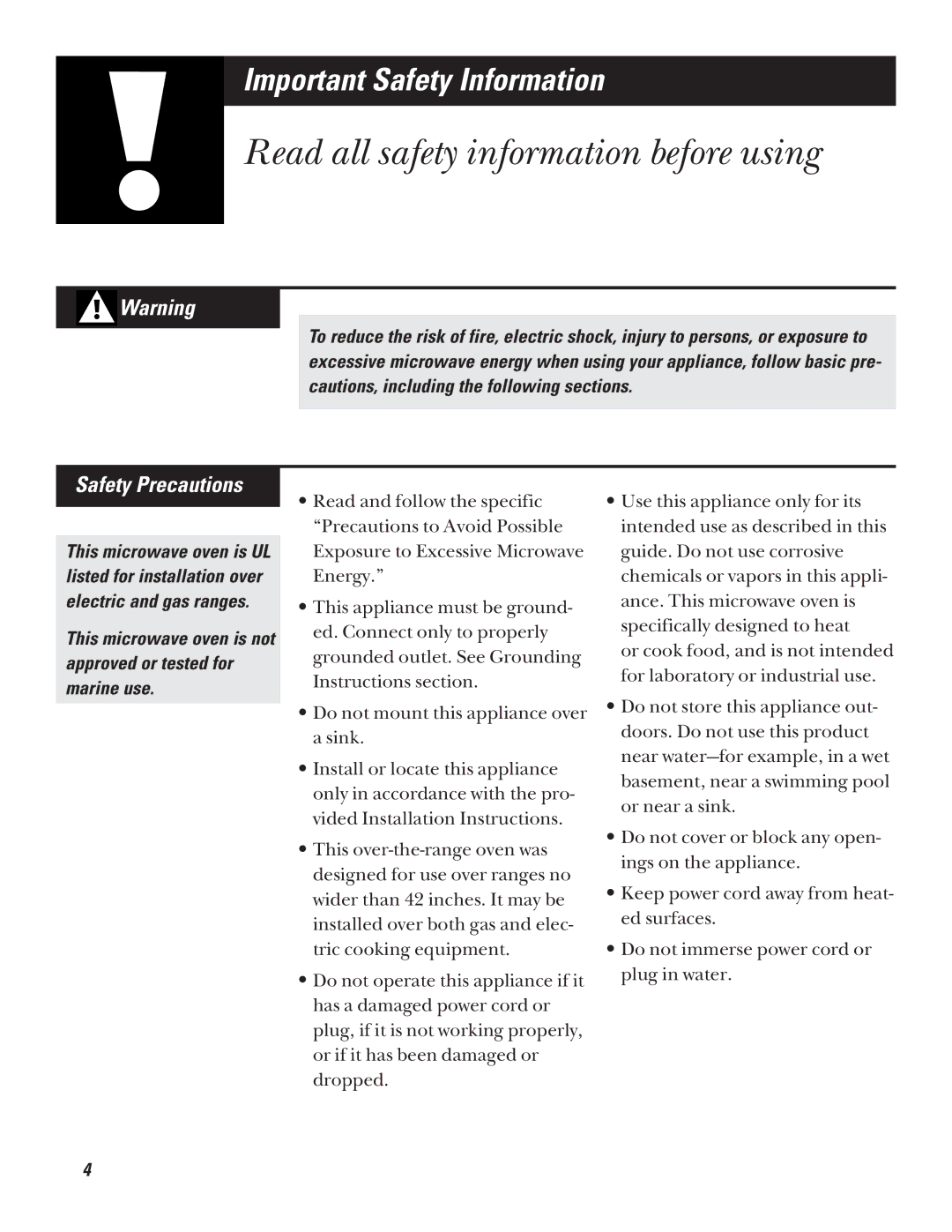 GE JVM1341, JVM1339, JVM1331, JVM1320 Safety Precautions, This microwave oven is not approved or tested for marine use 