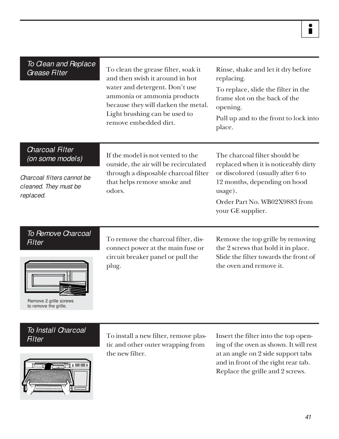 GE JVM1340, JVM1339, JVM1331 To Remove Charcoal Filter, To Install Charcoal Filter, To Clean and Replace Grease Filter 
