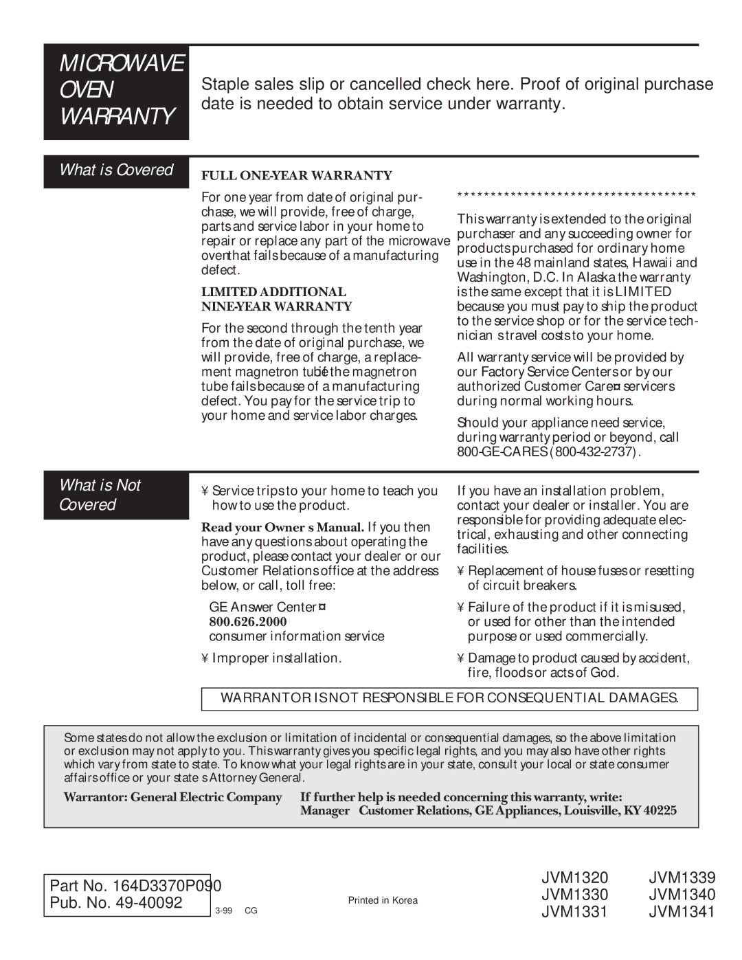 GE JVM1339, JVM1331, JVM1320, JVM1330, JVM1341, JVM1340 warranty Microwave Oven Warranty, What is Not Covered 