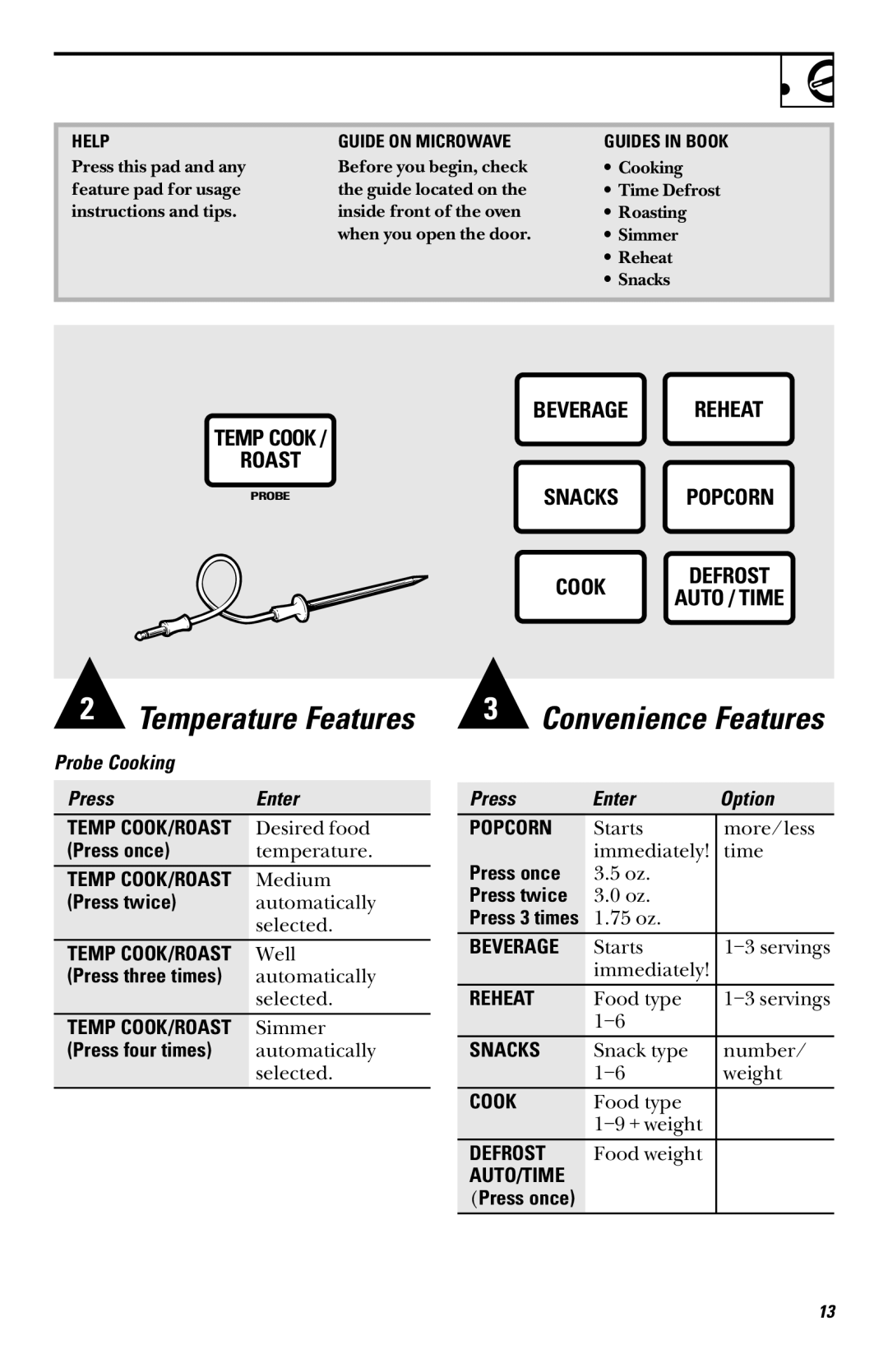 GE JVM1341, JVM1339, JVM1331, JVM1330, JVM1340 owner manual Probe Cooking Press Enter, Press Enter Option 