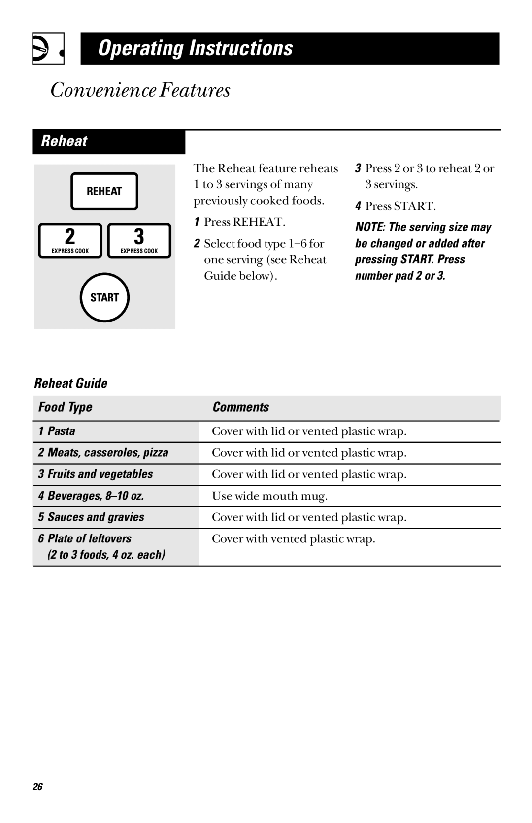 GE JVM1331, JVM1339, JVM1330, JVM1341, JVM1340 owner manual Reheat Guide Food Type Comments 