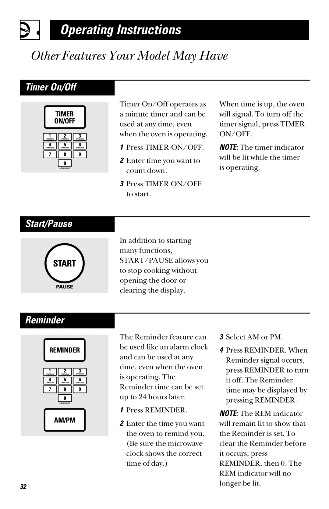 GE JVM1330, JVM1339, JVM1331, JVM1341, JVM1340 owner manual Timer On/Off, Start/Pause 