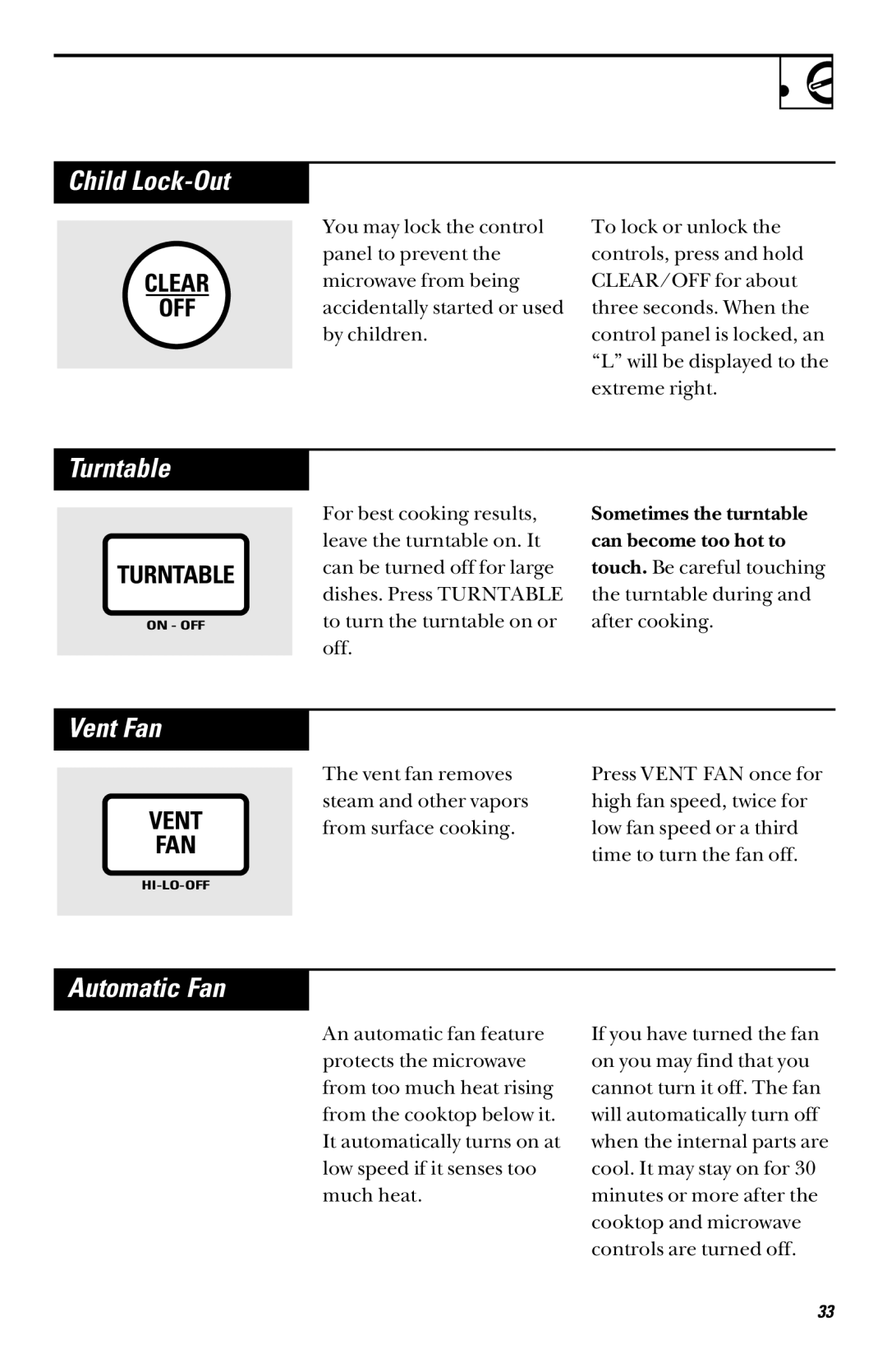 GE JVM1341, JVM1339, JVM1331, JVM1330, JVM1340 owner manual Child Lock-Out, Turntable, Vent Fan, Automatic Fan 