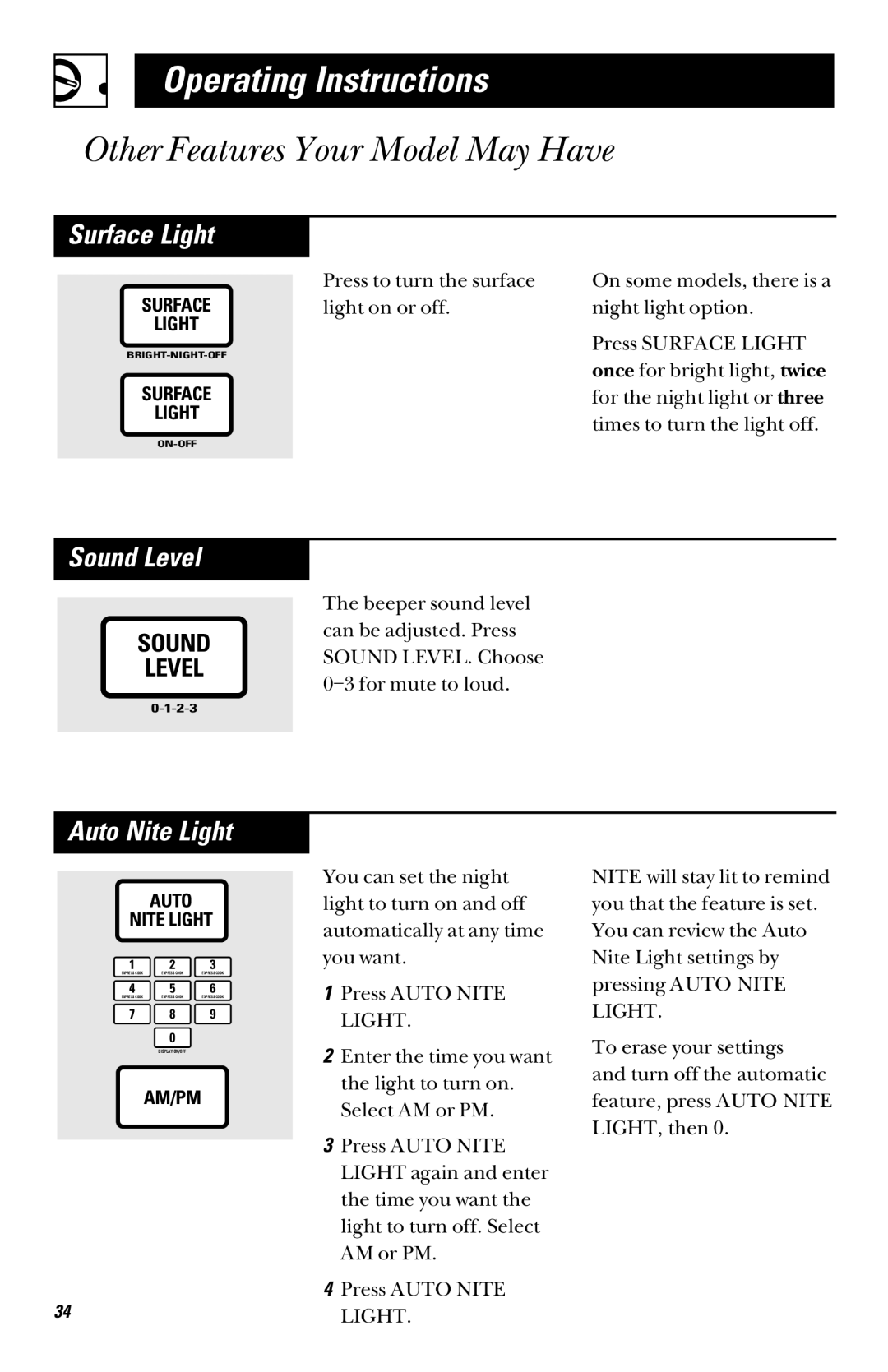 GE JVM1340, JVM1339, JVM1331, JVM1330, JVM1341 owner manual Surface Light, Sound Level, Auto Nite Light 
