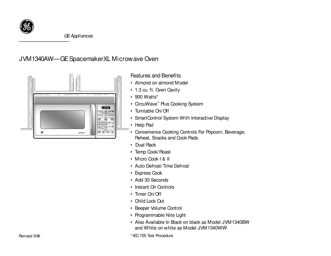 GE JVM1340AW dimensions Features and Benefits 