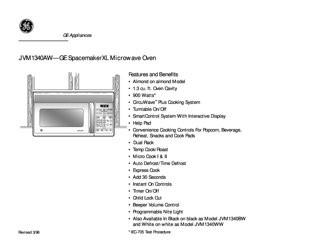 GE dimensions JVM1340AW-GESpacemakerXL Microwave Oven, Features and Benefits 