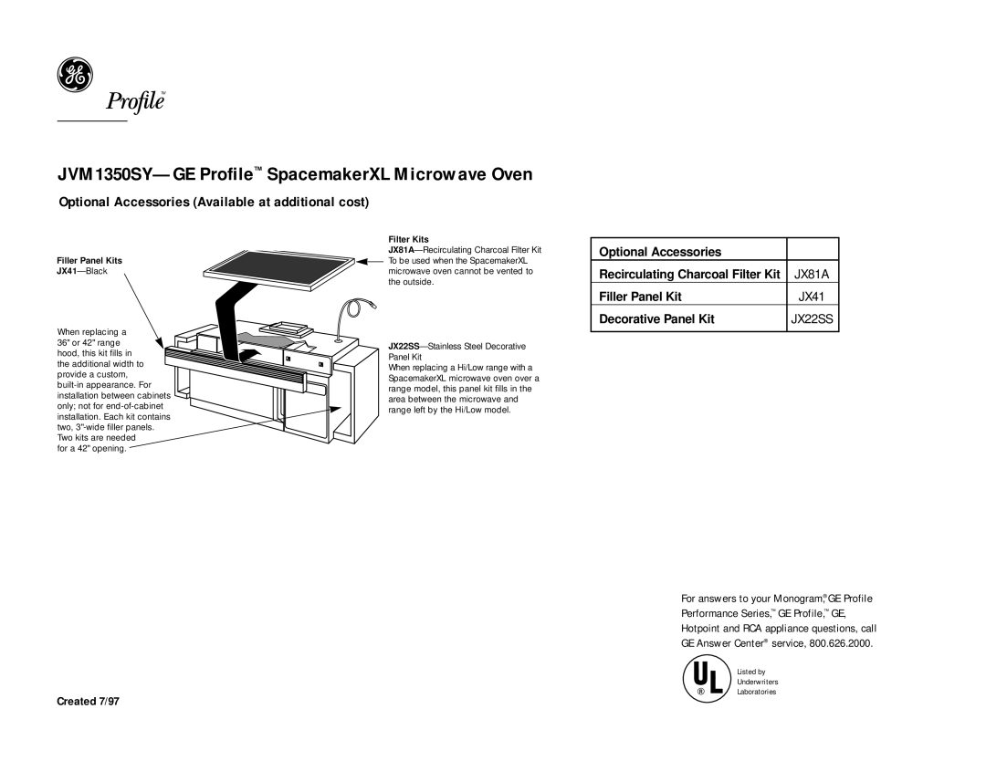 GE JVM1350SY dimensions Optional Accessories Available at additional cost, JX81A, JX22SS, Filler Panel Kits, Filter Kits 