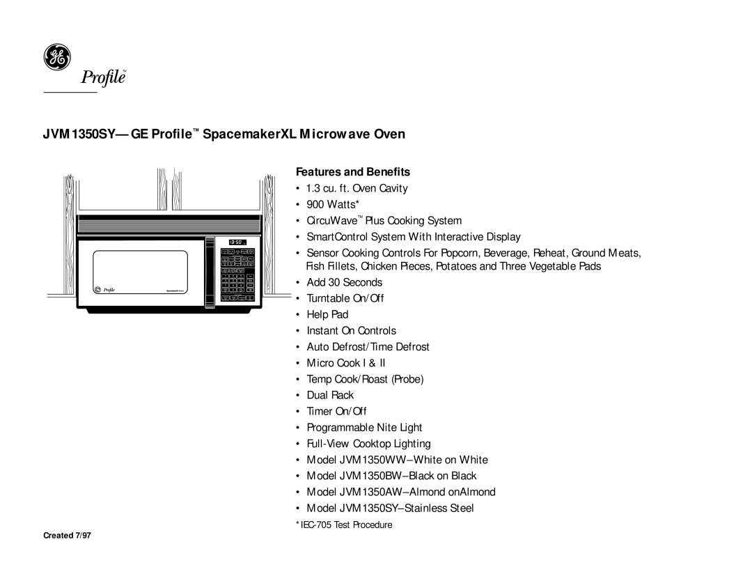 GE JVM1350SY dimensions Features and Benefits 