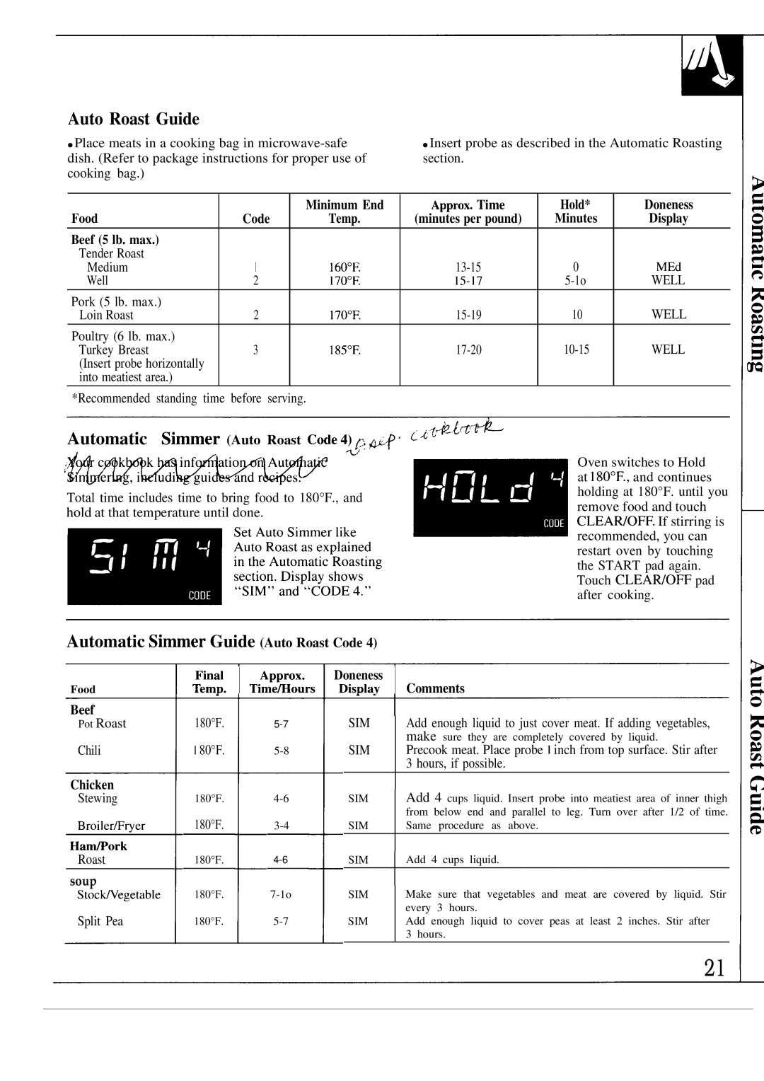 GE JVM139K warranty Auto Roast Guide, Automatic Simmer Guide Auto Roast Code 