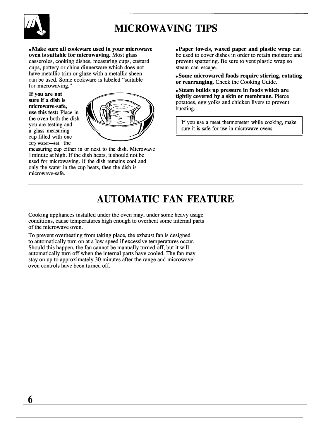 GE JVM139K warranty Microwaving Tips, Automatic Fan Feature 