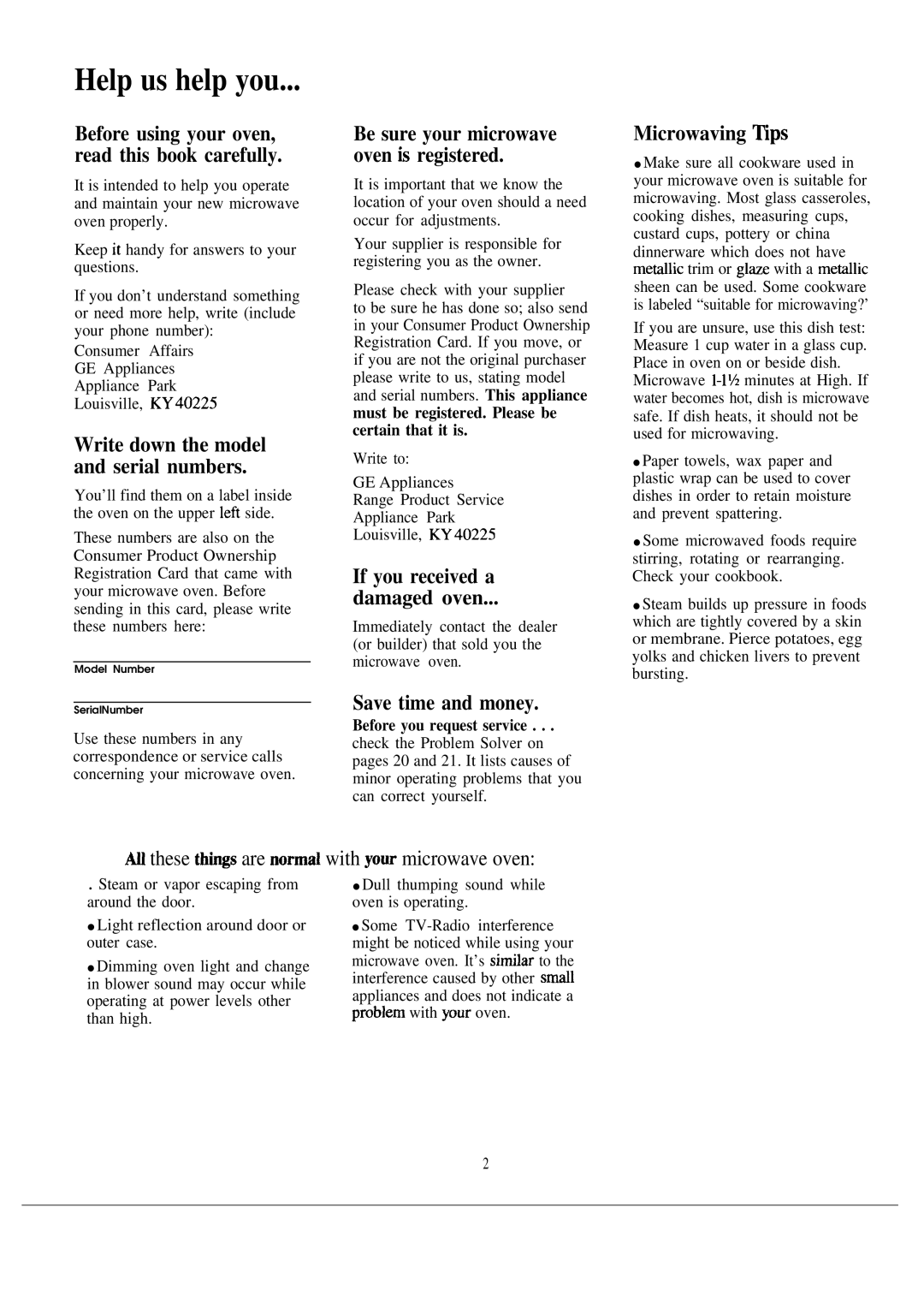 GE JVM140H If you received a Damaged oven, Save time and money, Microwaving ~ps, Be sure your microwave oven k registered 