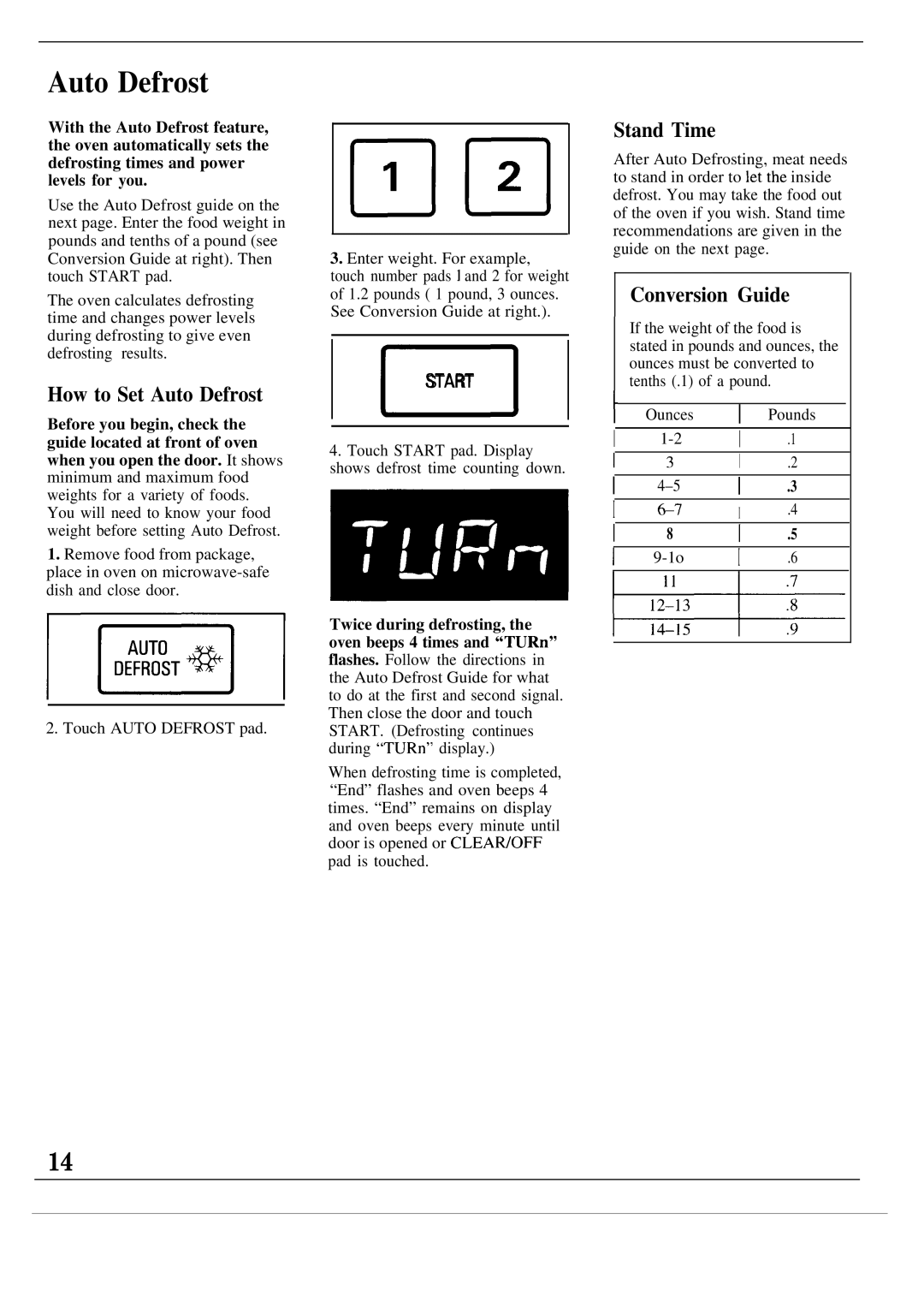 GE JVM140J, JVM142J warranty How to Set Auto Defrost, Stand Time, Conversion Guide, Nstart 