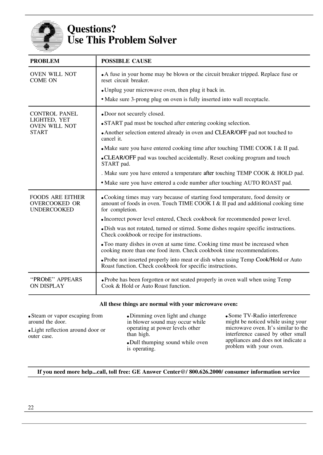 GE JVM140J, JVM142J warranty Problem Possible Cause, All these things are normal with your microwave oven 