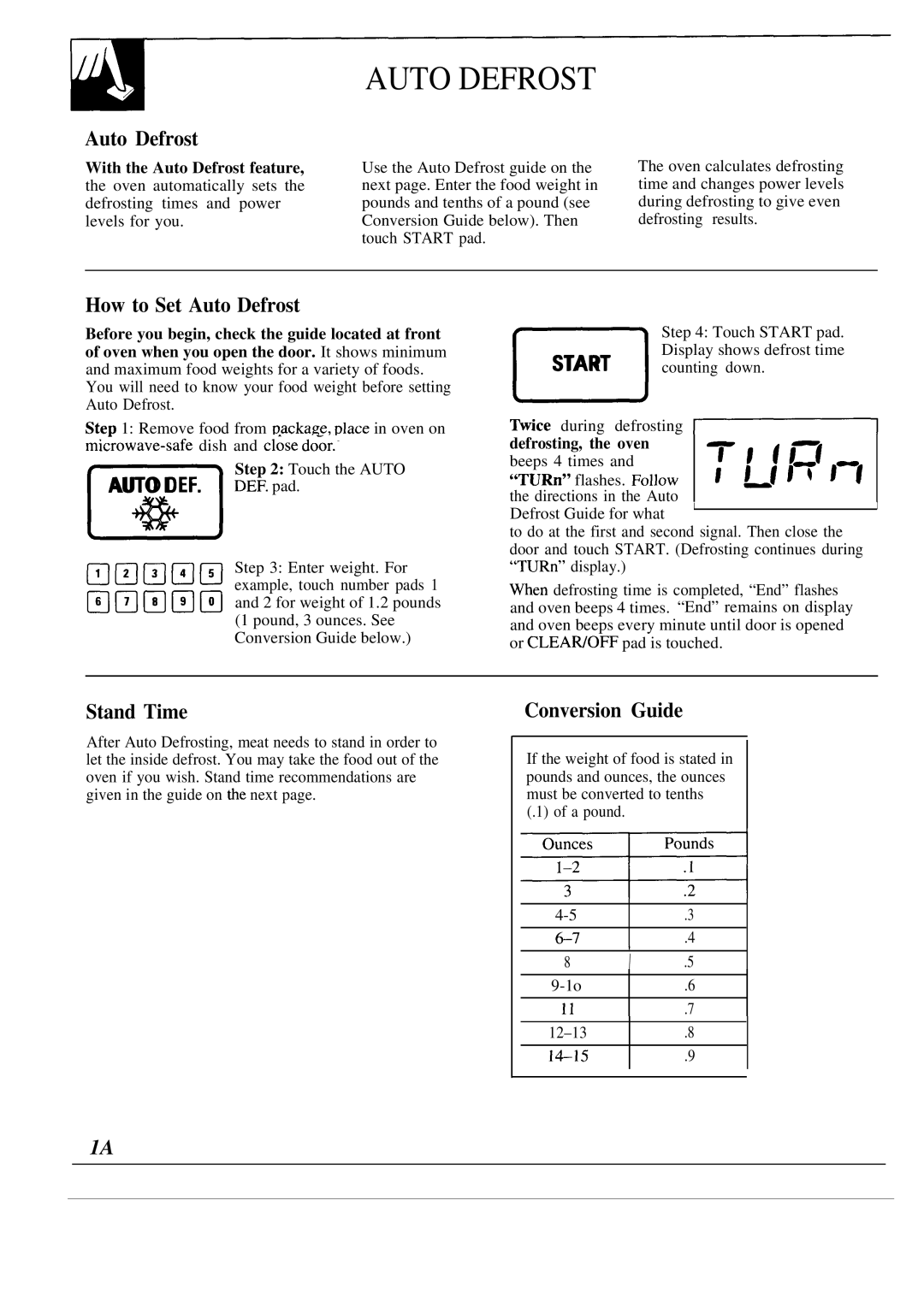 GE JVM141K, JVM140K, JVM142K operating instructions How to Set Auto Defrost, Stand Time, Conversion Guide 