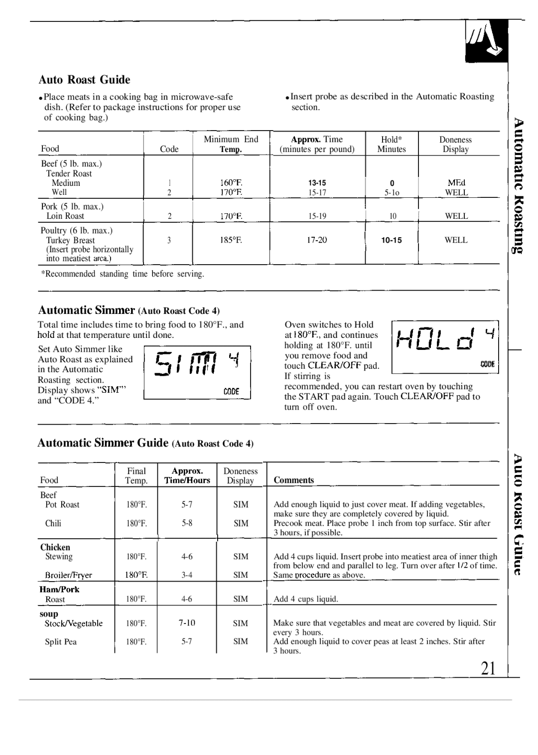 GE JVM140K, JVM142K, JVM141K operating instructions Auto Roast Guide, Automatic Simmer Guide Auto Roast Code 