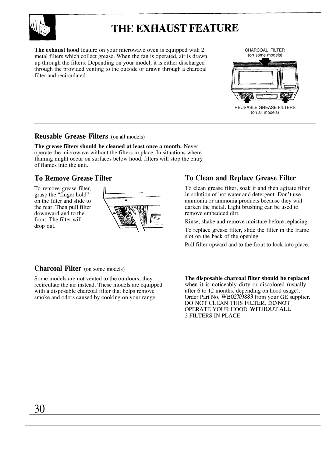 GE JVM140K, JVM142K Reusable Grease Filters on all models, To Remove Grease Filter, To Clean and Replace Grease Filter 