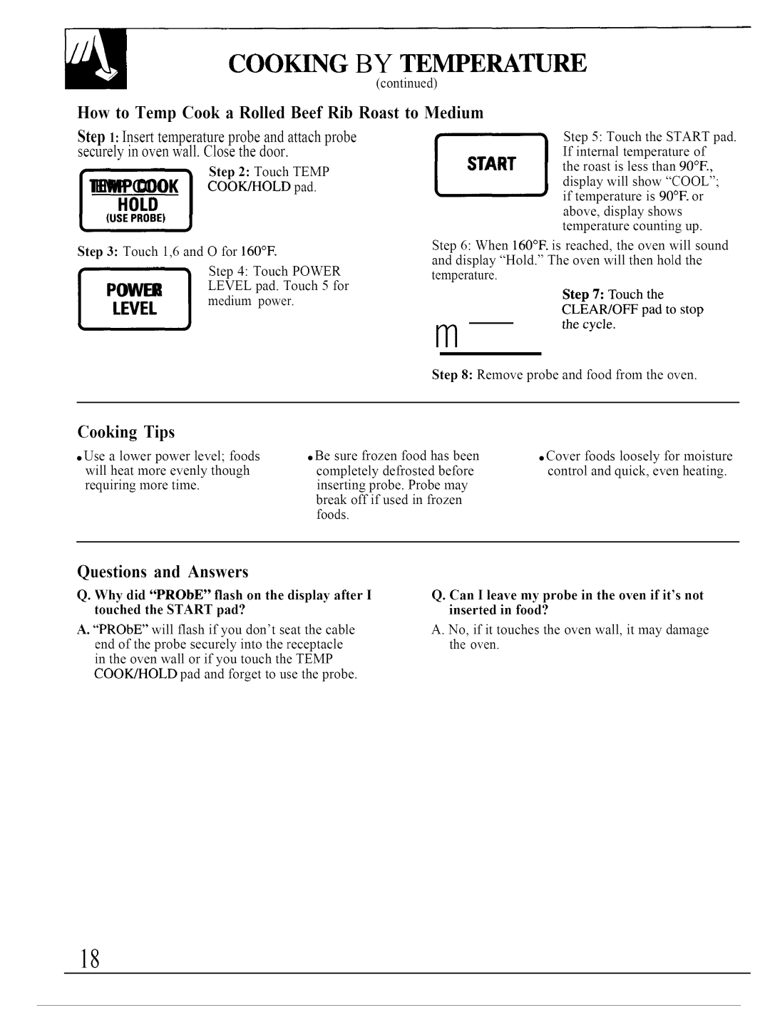 GE JVM140K operating instructions Start, How to Temp Cook a Rolled Beef Rib Roast to Medium 