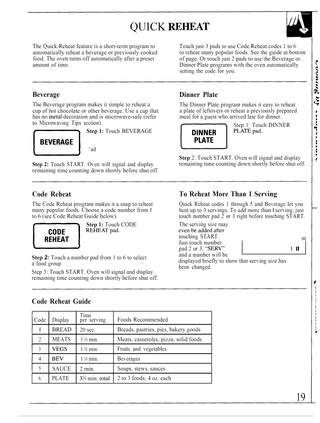 GE JVM140K operating instructions Beverage, To Reheat More Than 1 Serving, Recommended 