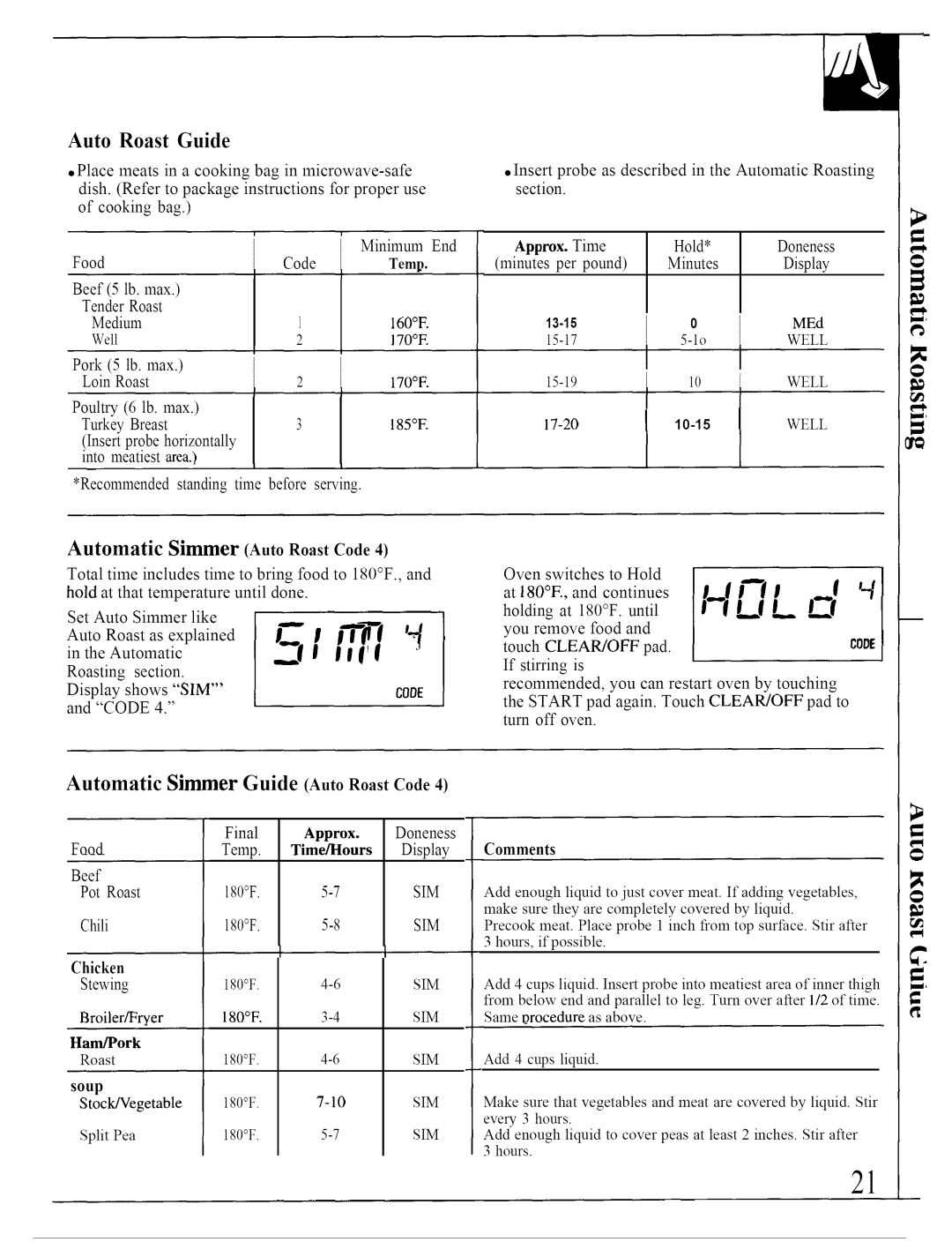 GE JVM140K operating instructions Auto Roast Guide, Automatic Simmer Guide Auto Roast Code 