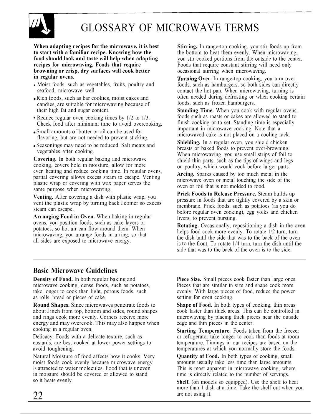 GE JVM140K operating instructions Glossary of Microwave Terms, Basic Microwave Guidelines 