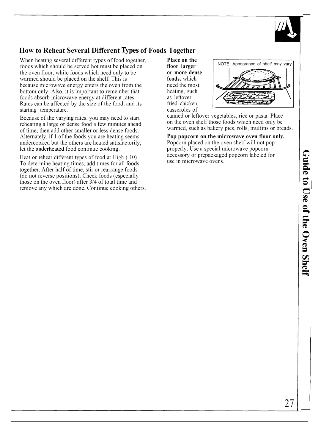 GE JVM140K operating instructions How to Reheat Several Different Types of Foods Together, Dense Foods 