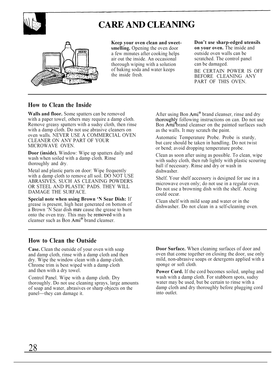 GE JVM140K operating instructions Care and Cleaning, How to Clean the Inside, How to Clean the Outside 