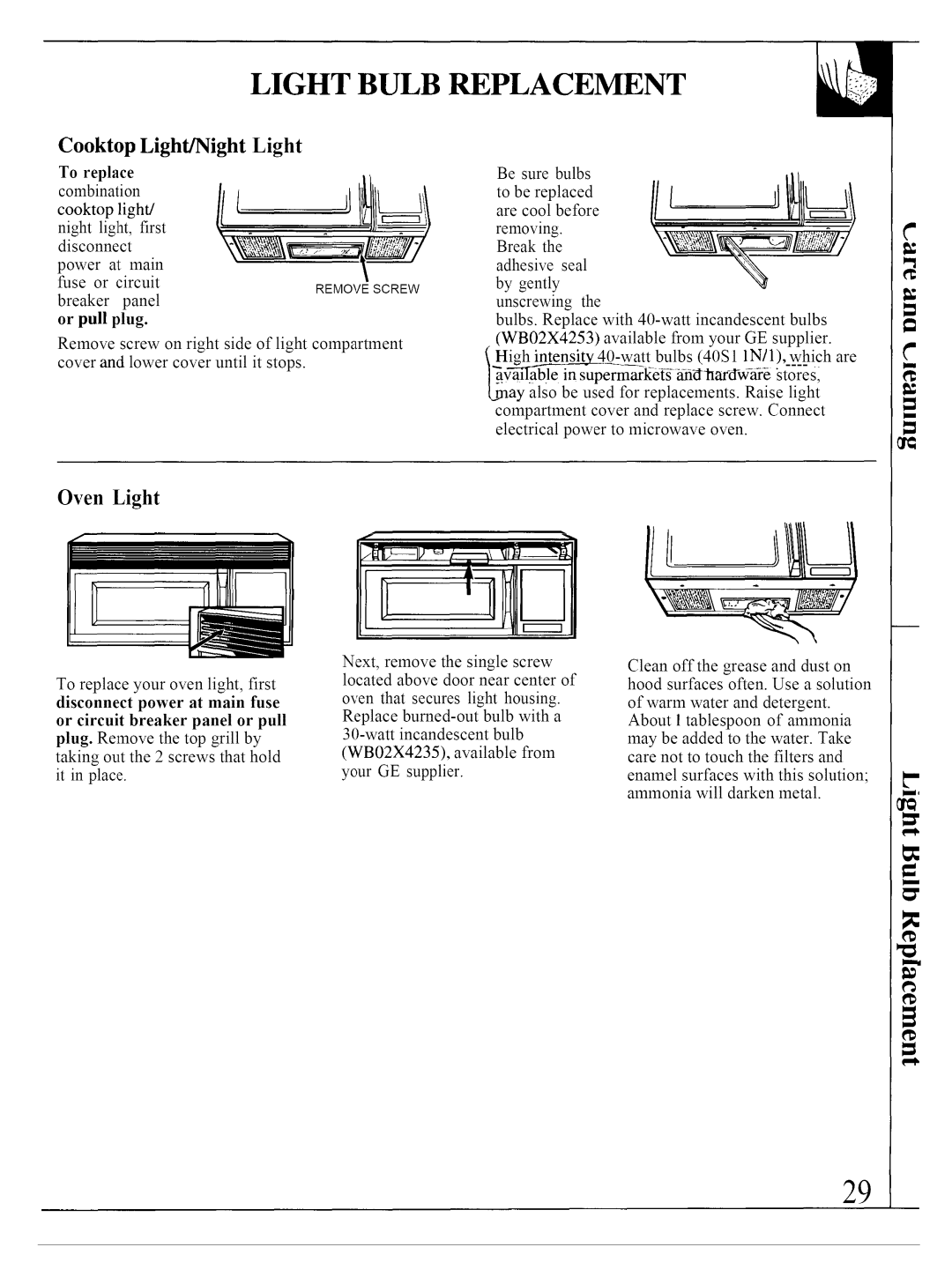 GE JVM140K operating instructions Light Bulb Replacement, Cooktop Light/Night Light, Oven Light, It in place 