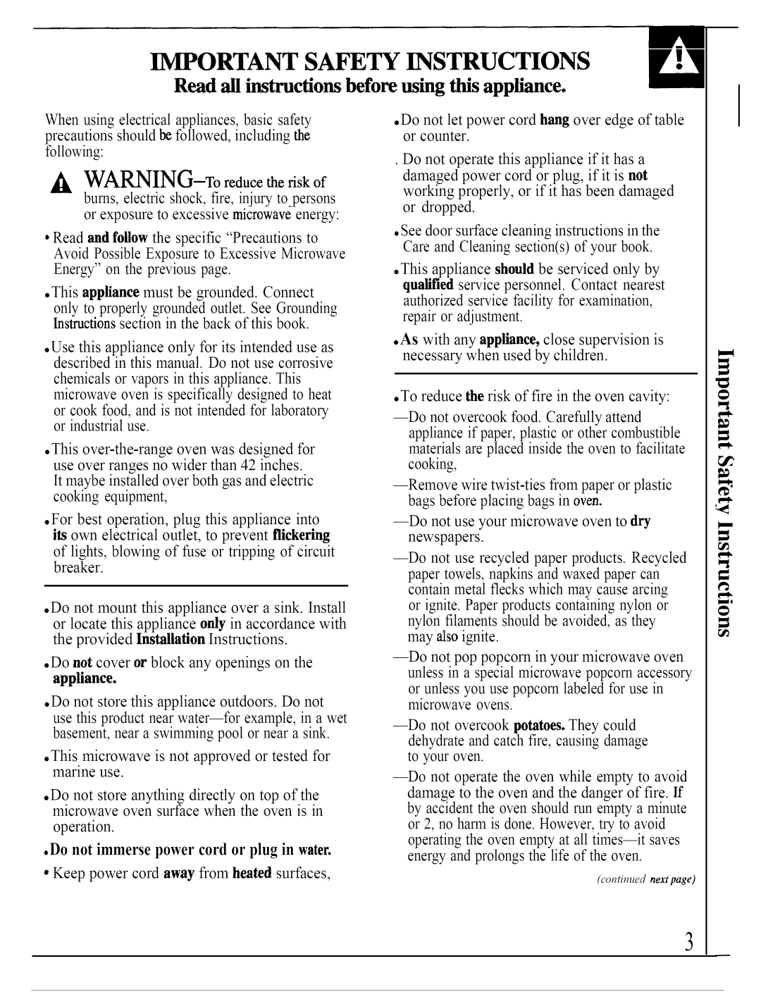 GE JVM140K operating instructions Important Safety Instructions, Do not immerse power cord or plug in water 