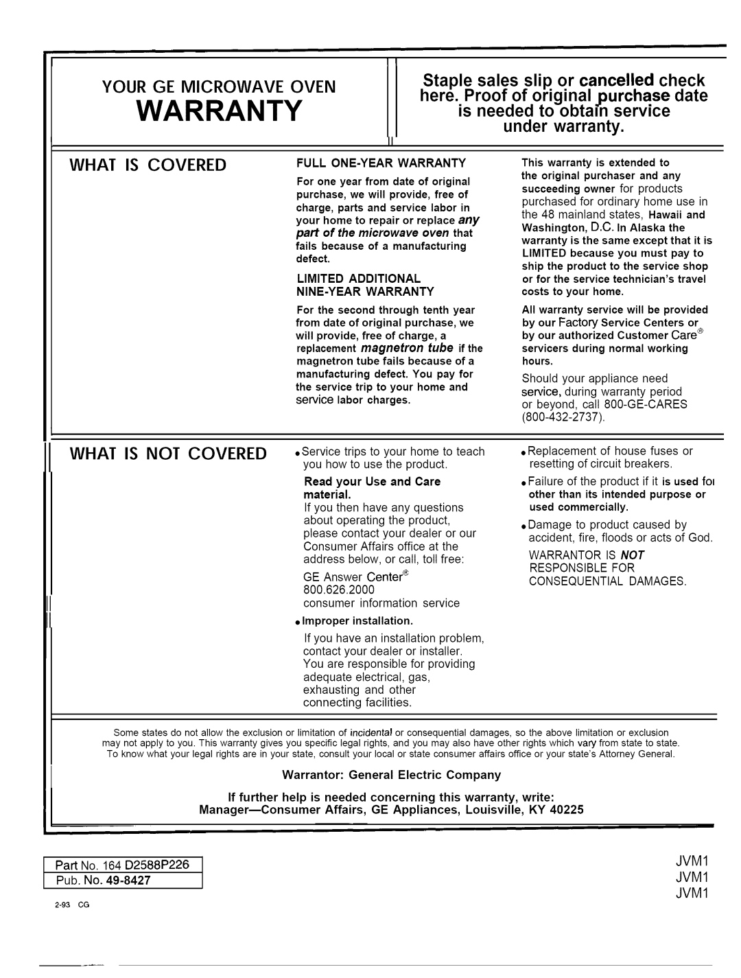 GE JVM140K operating instructions Warranty 