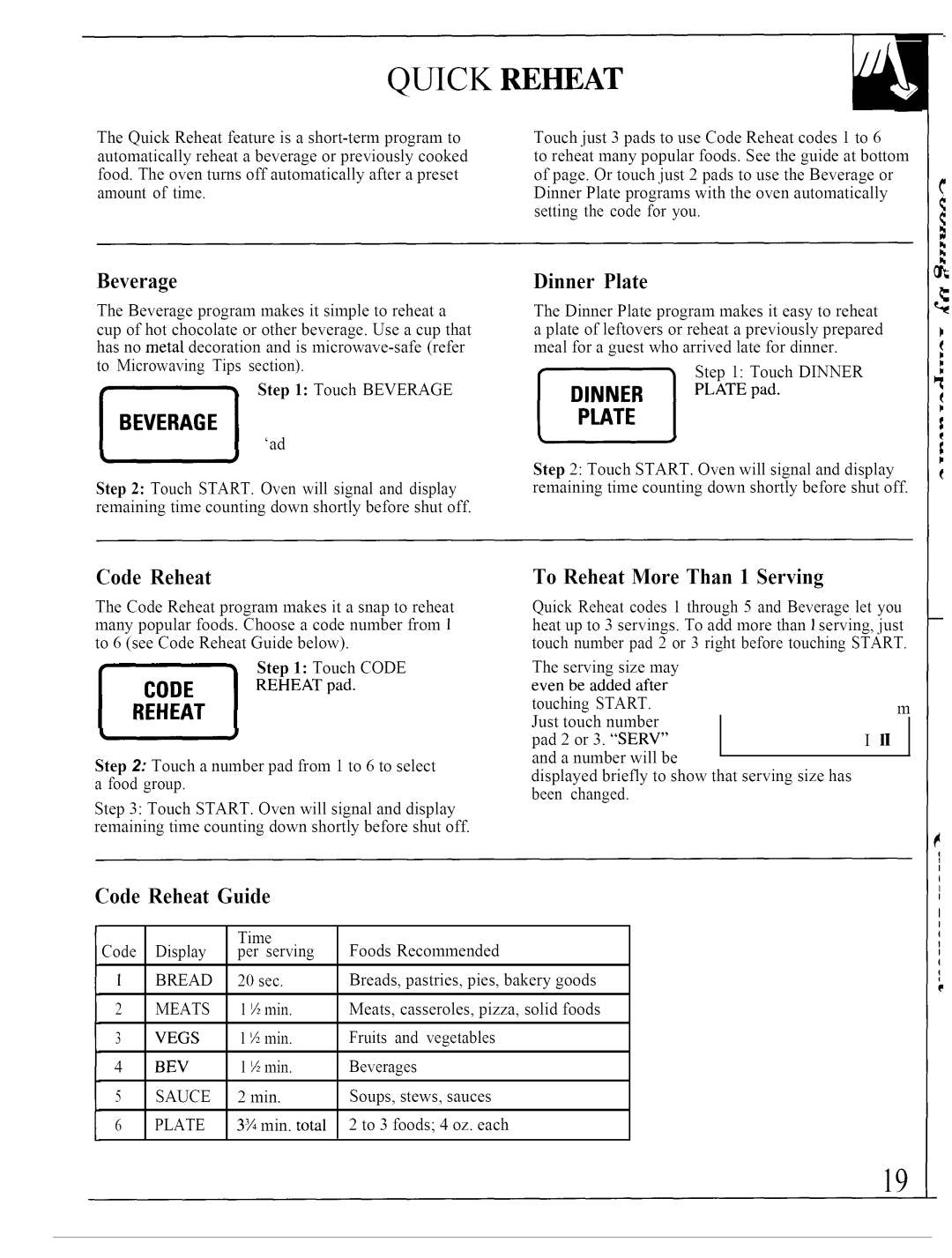 GE JVM140K operating instructions Qui C K Reheat, Beverage, Plate, Reheat Code, Code Reheat, Guide, Recommended 