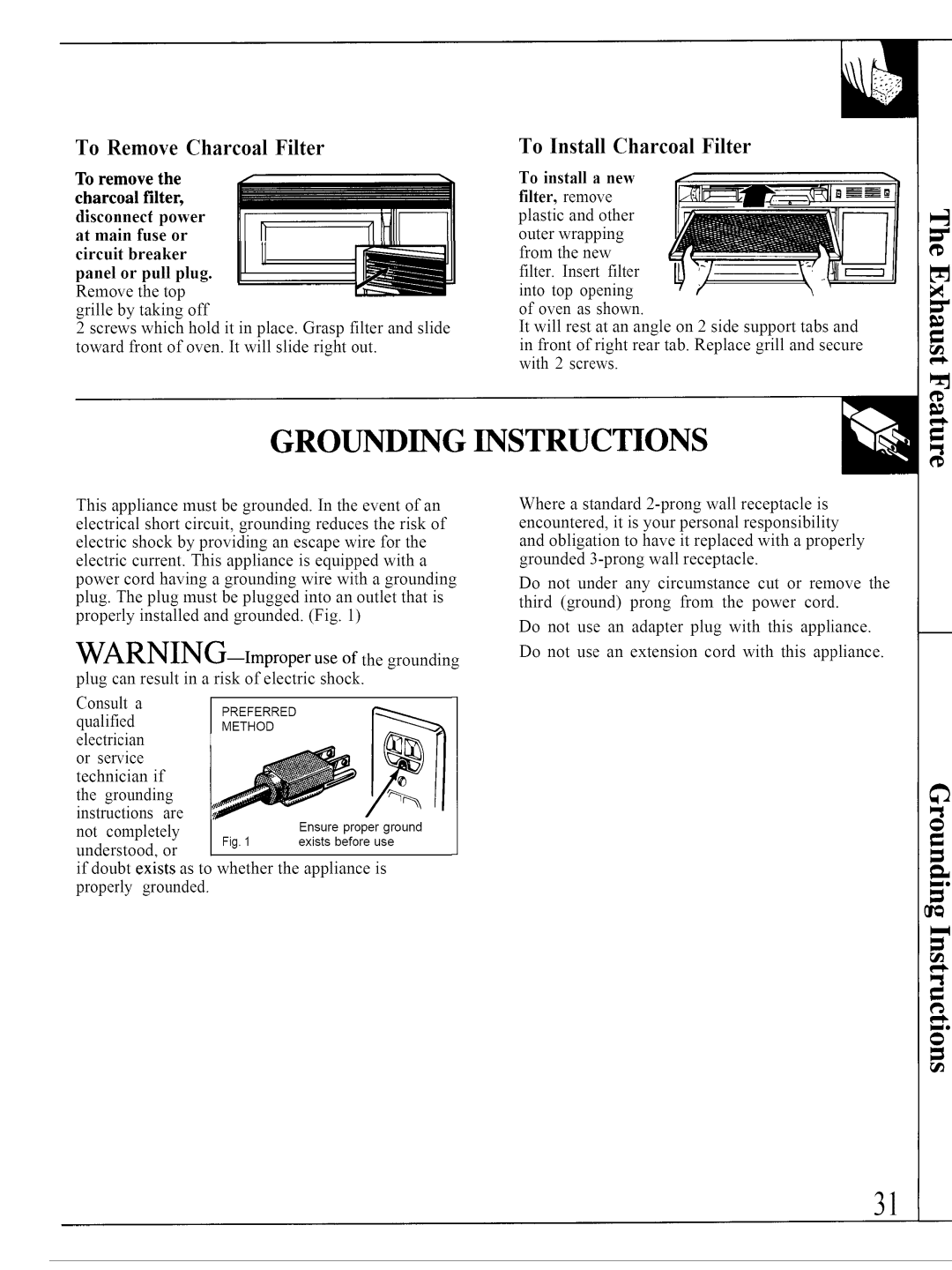 GE JVM140K Grounding Instructions, To remove the charcoal filter, disconnec power at main fuse or, panel or pull plug 
