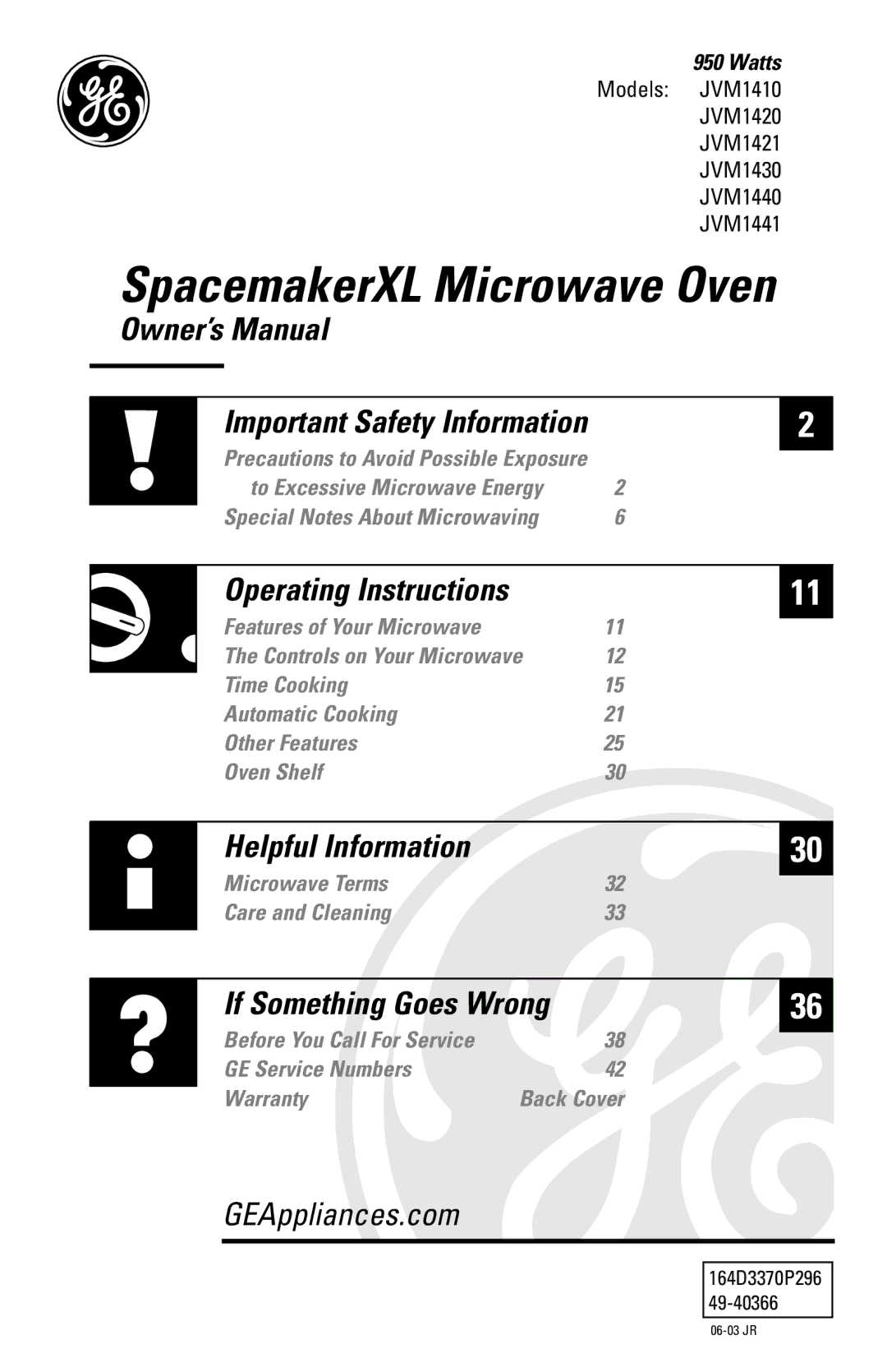 GE JVM142, JVM1410 owner manual SpacemakerXL Microwave Oven 