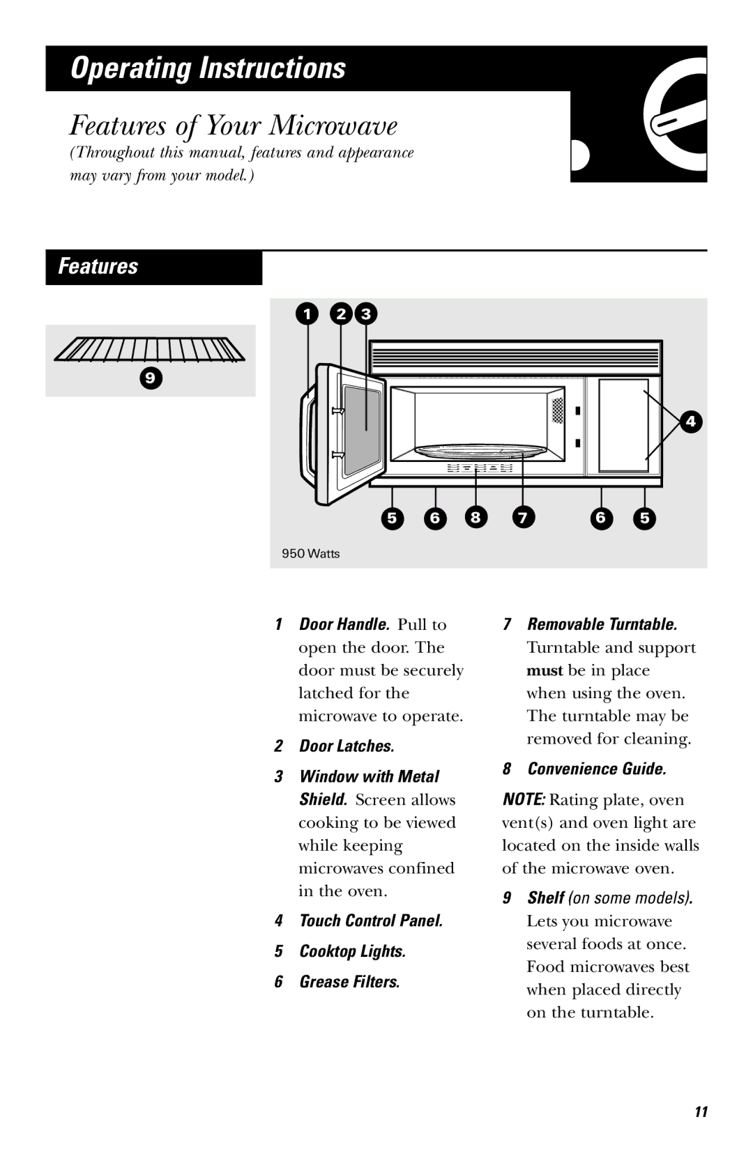 GE JVM142, JVM1410 owner manual Operating Instructions, Features of Your Microwave, Convenience Guide 