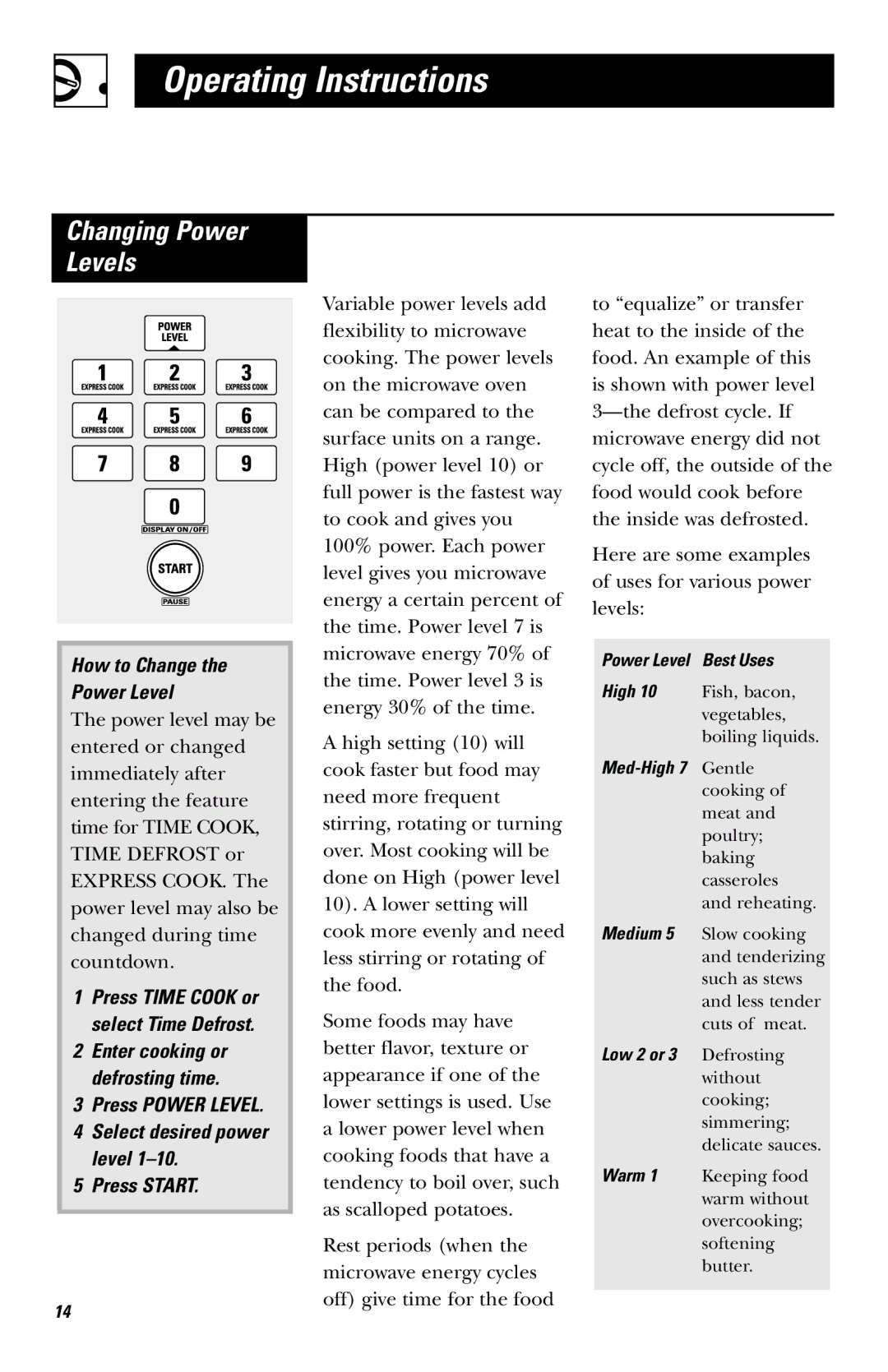 GE JVM1410 Changing Power Levels, How to Change Power Level, Press Power Level Select desired power level Press Start 