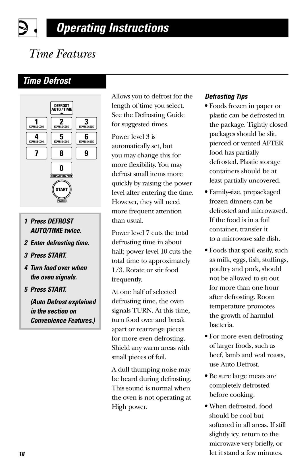 GE JVM1410, JVM142 owner manual Time Defrost, Enter defrosting time Press Start, Defrosting Tips 