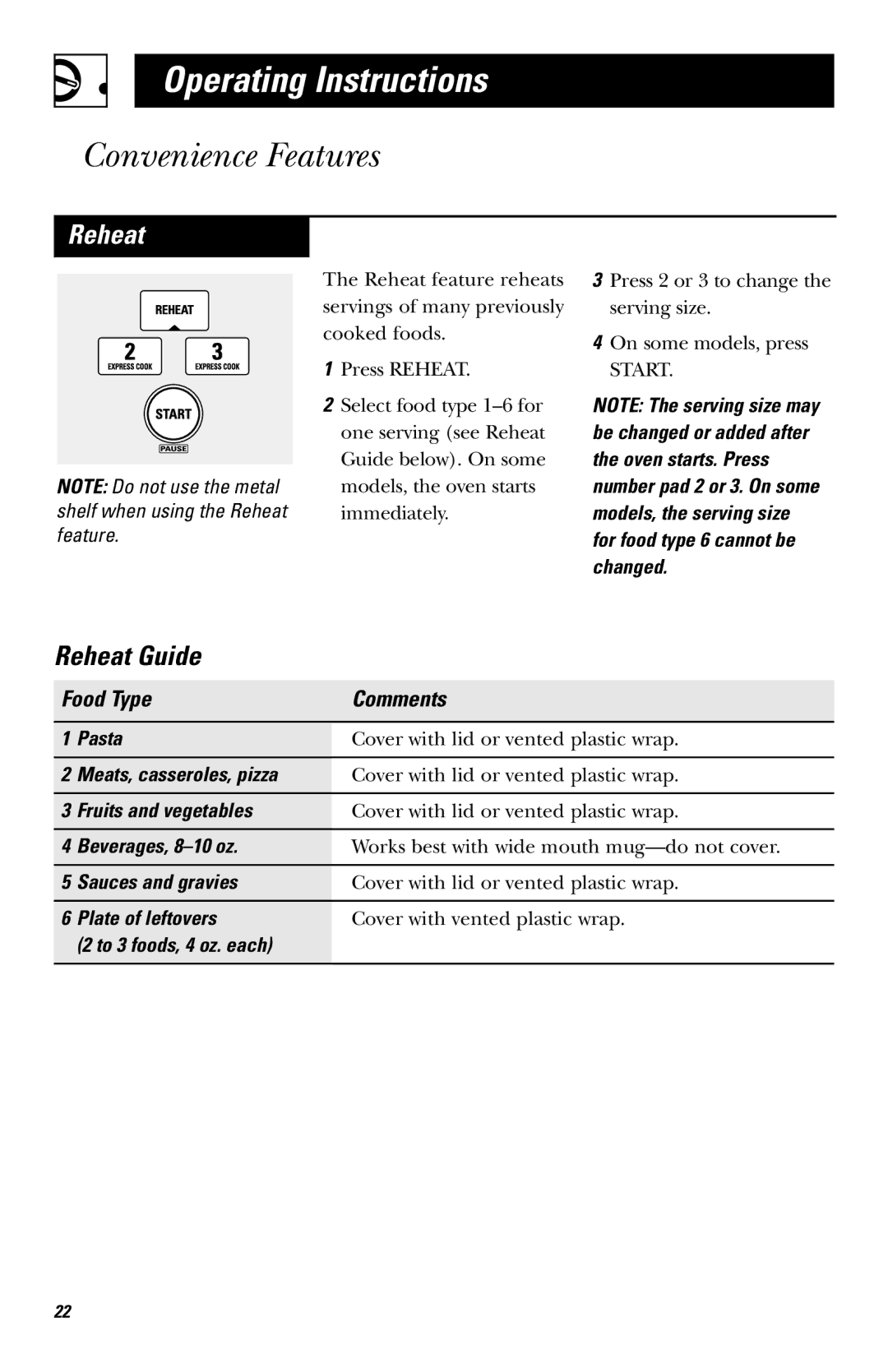 GE JVM1410, JVM142 owner manual Reheat, Food Type Comments 