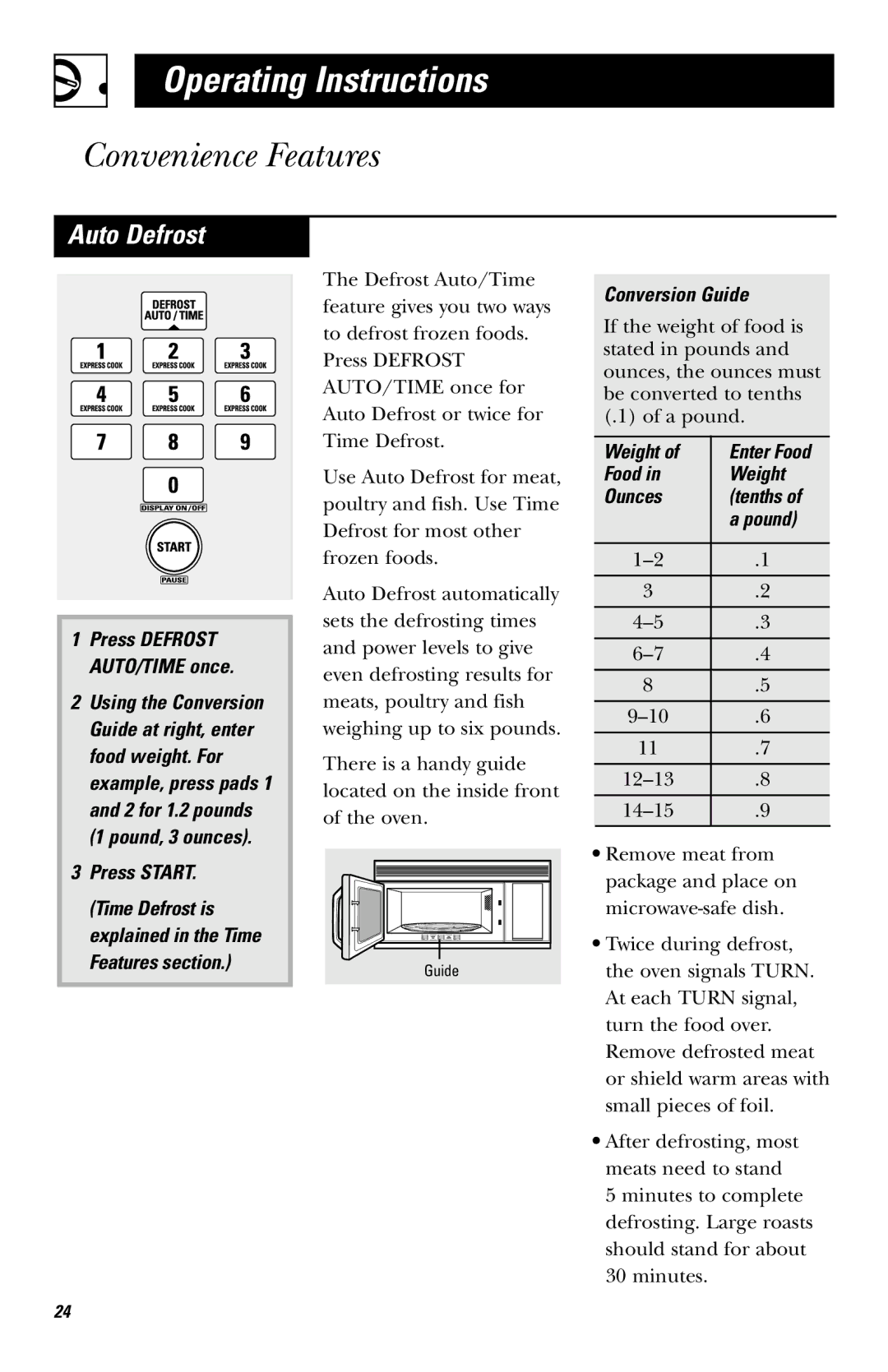 GE JVM1410, JVM142 owner manual Auto Defrost, Conversion Guide, Food Weight Ounces Tenths Pound 