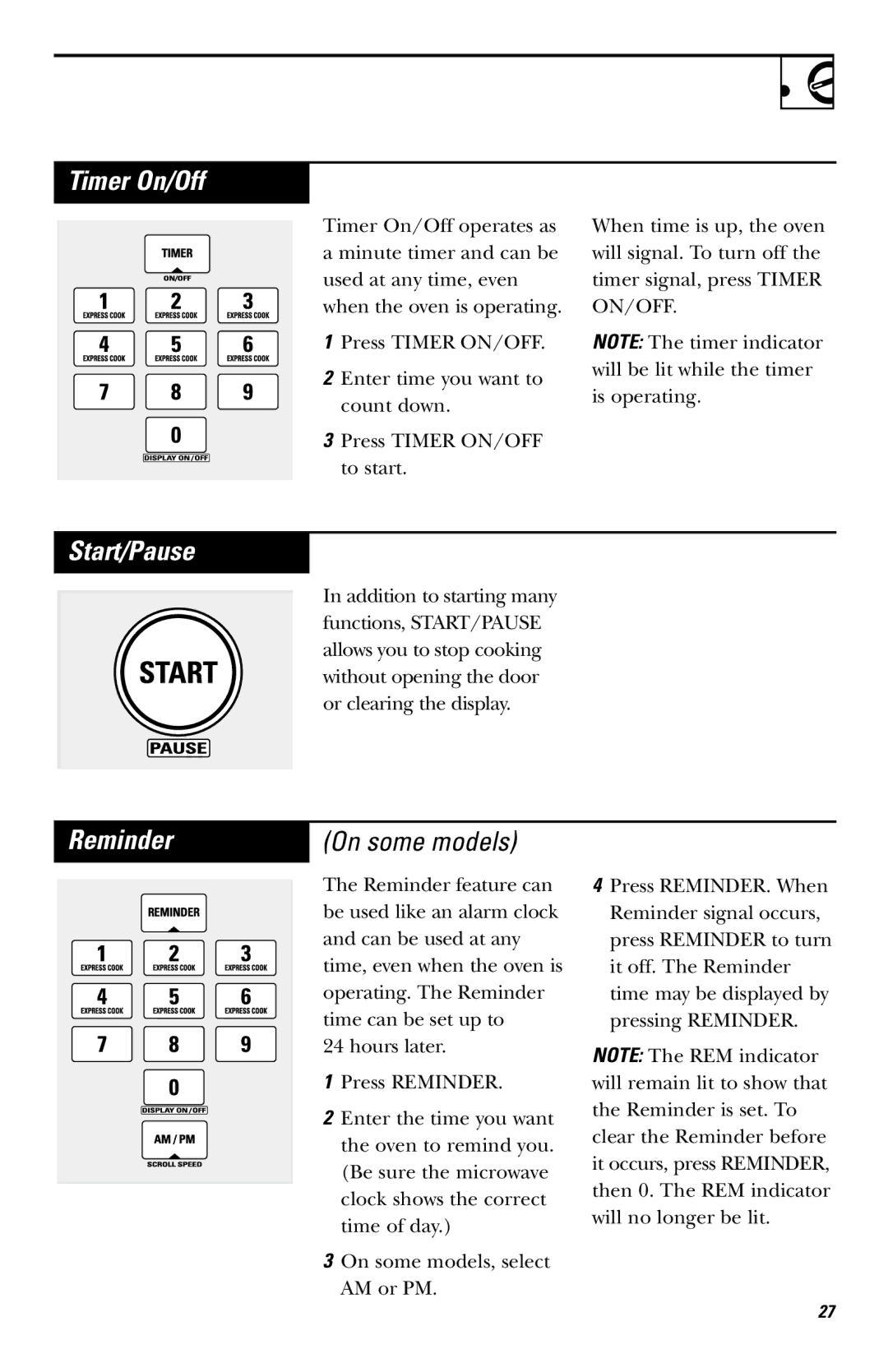 GE JVM142, JVM1410 owner manual Timer On/Off, Start/Pause 