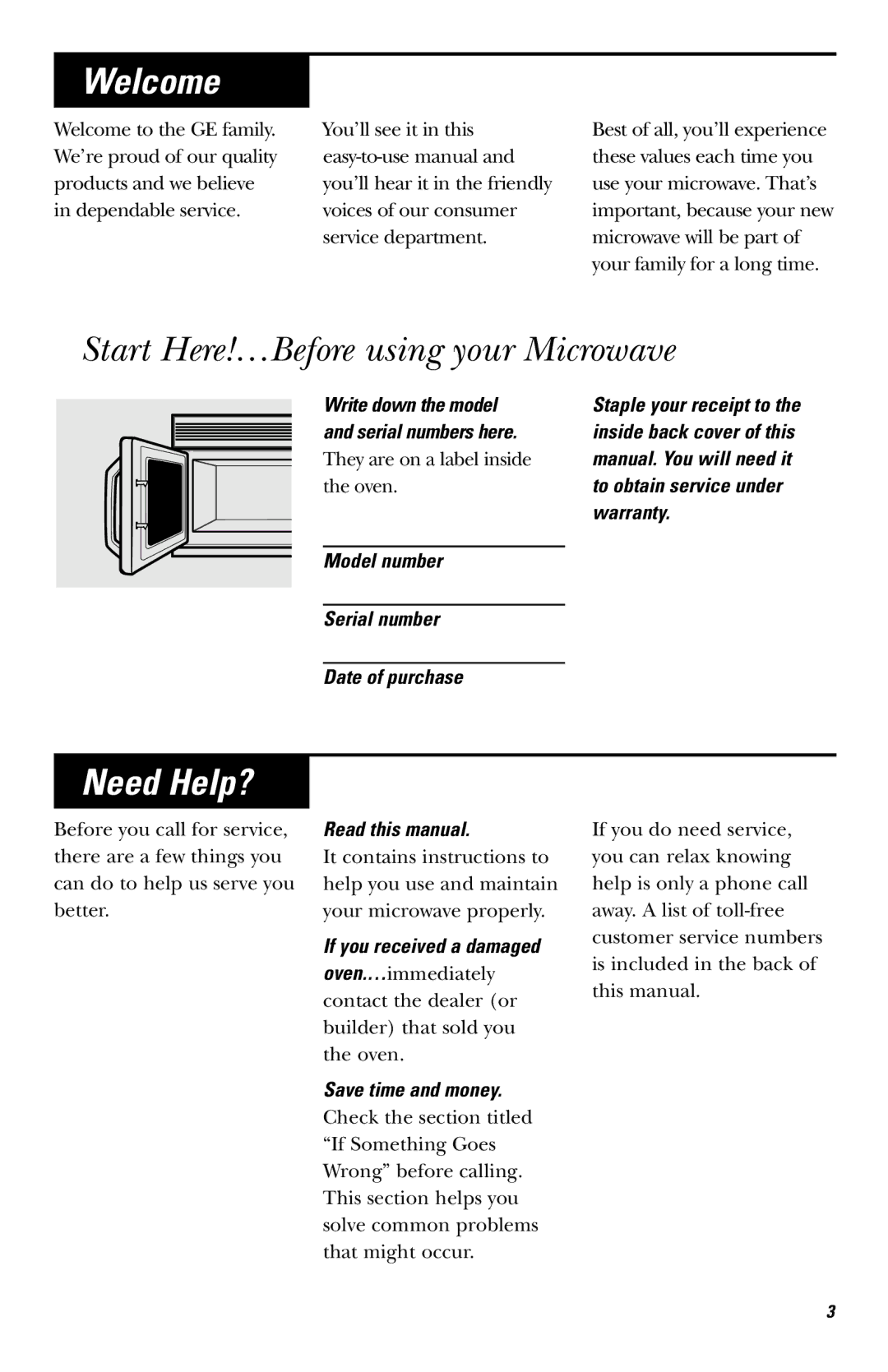 GE JVM142, JVM1410 owner manual Welcome, Start Here!…Before using your Microwave, Need Help? 