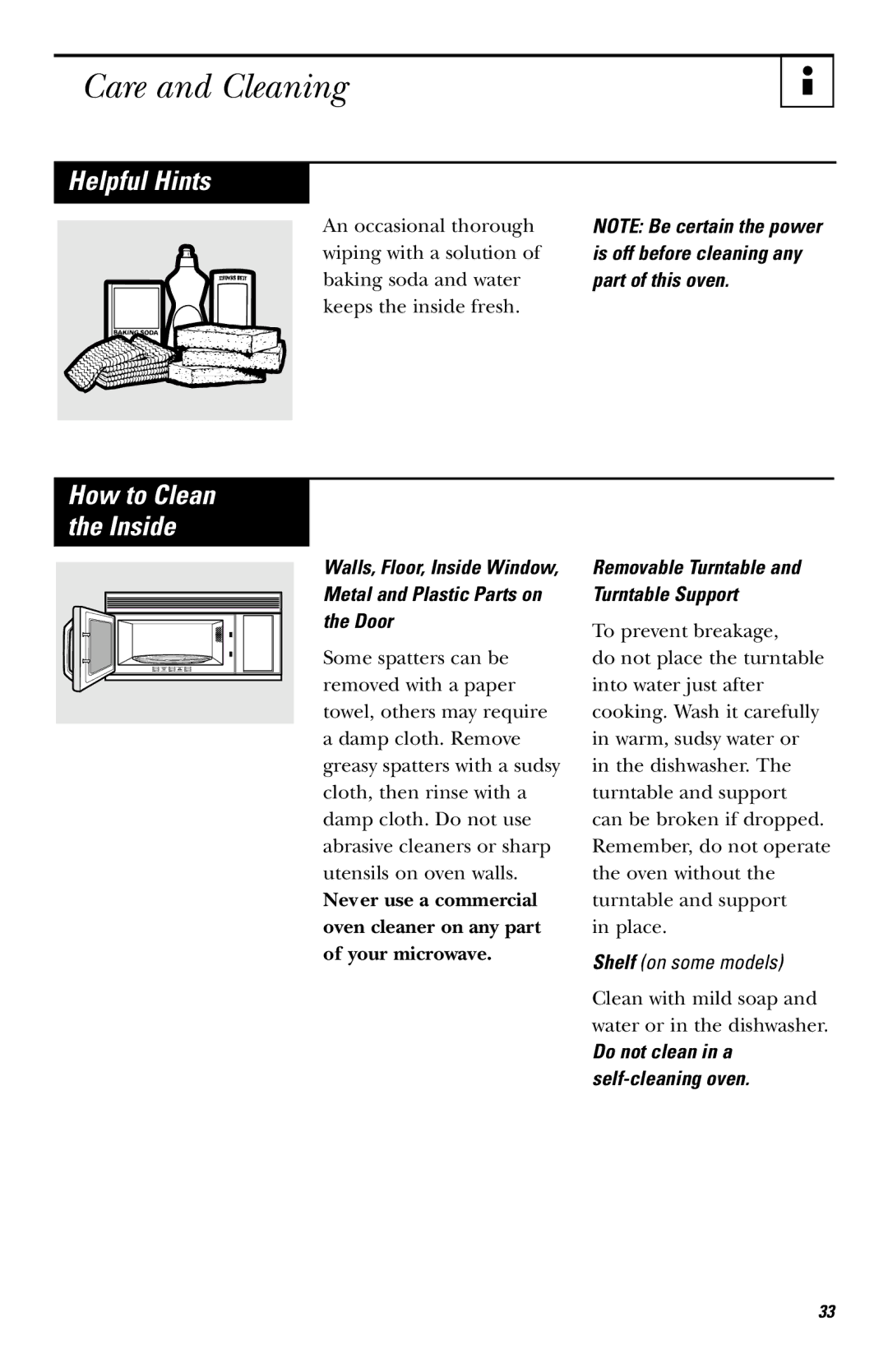 GE JVM142, JVM1410 owner manual Care and Cleaning, Helpful Hints, Removable Turntable and Turntable Support 