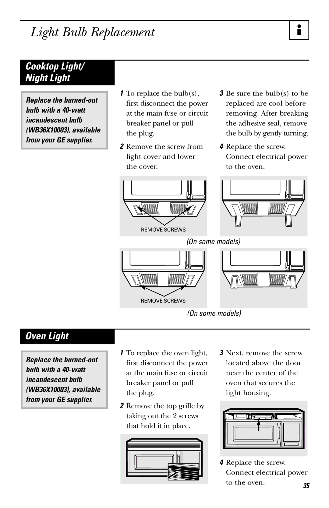 GE JVM142, JVM1410 owner manual Light Bulb Replacement, Oven Light 