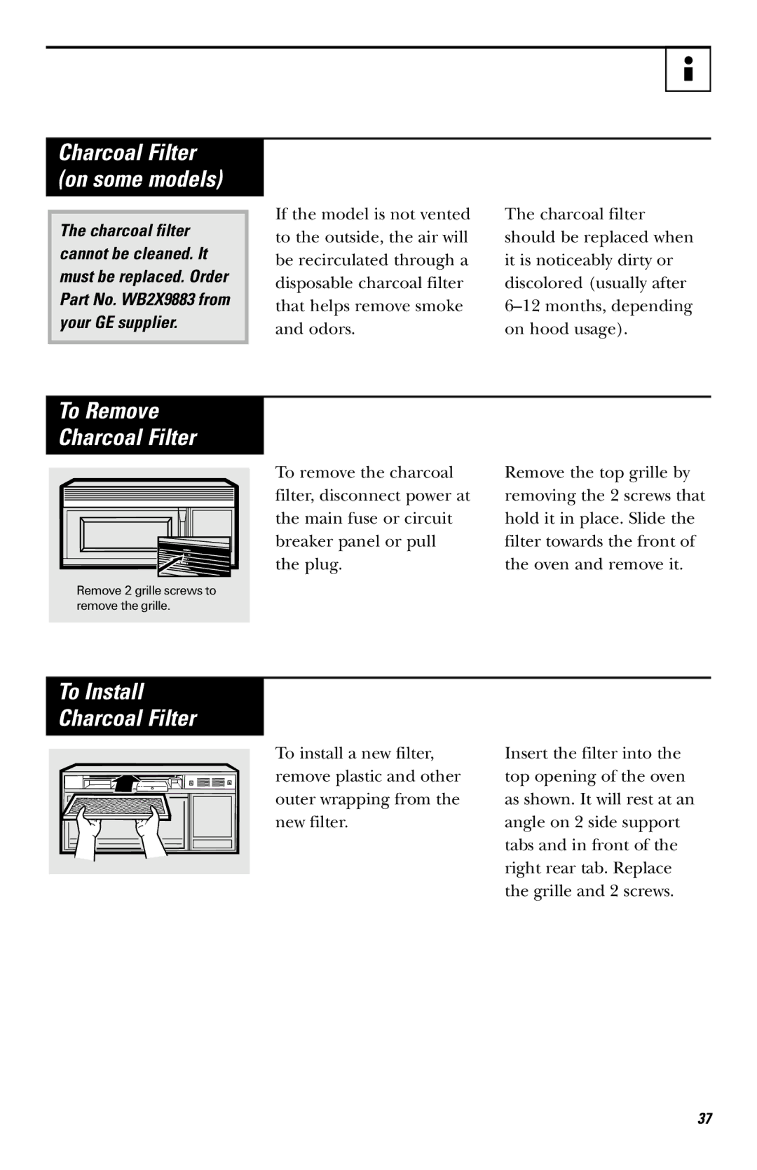 GE JVM142, JVM1410 owner manual To Install Charcoal Filter, Charcoal Filter on some models 